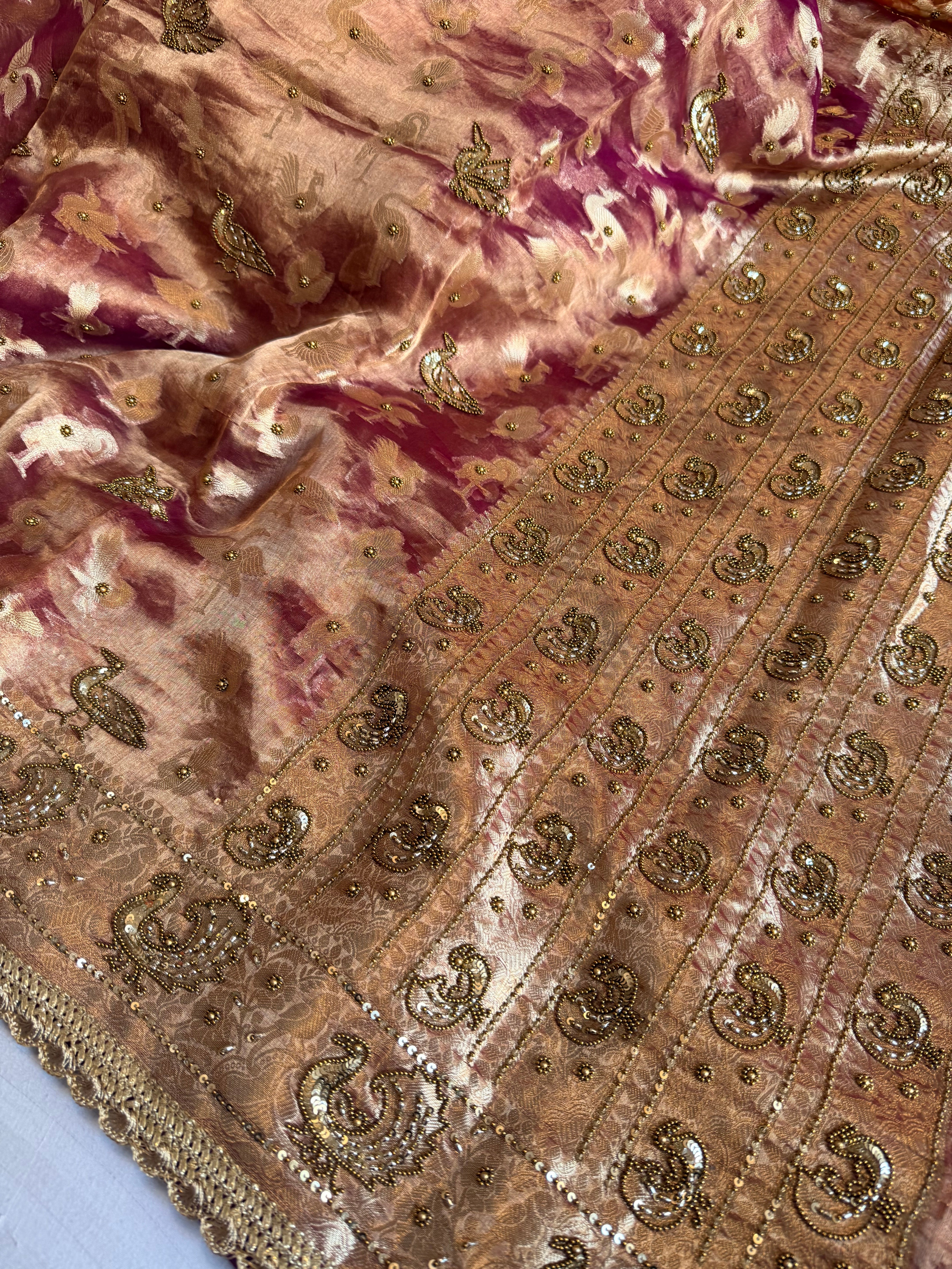 Chiraiya wali saree - Magenta purple tissue silk figure motif weaving and hand embroidered saree