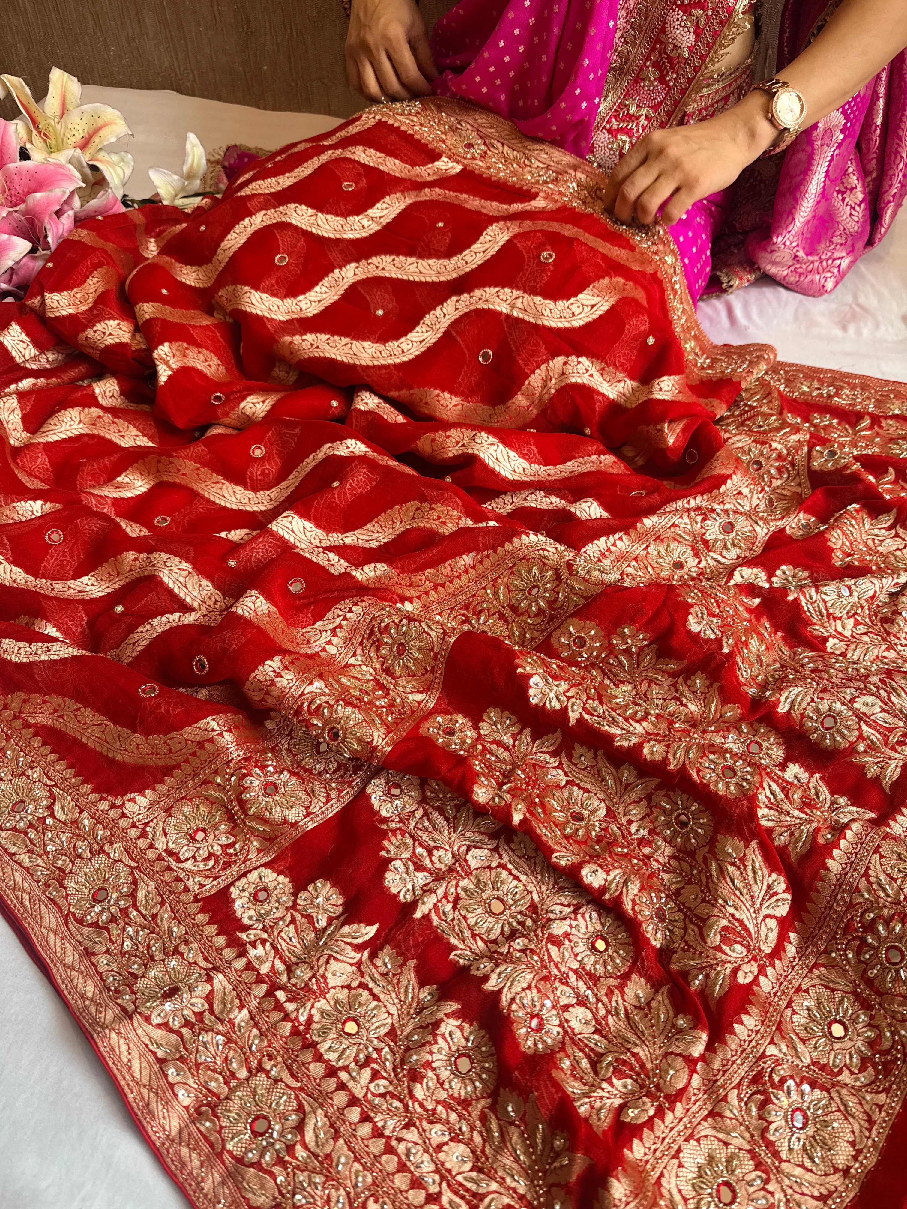Bridal red chiffon gorgette hand embroidered kadhwa saree