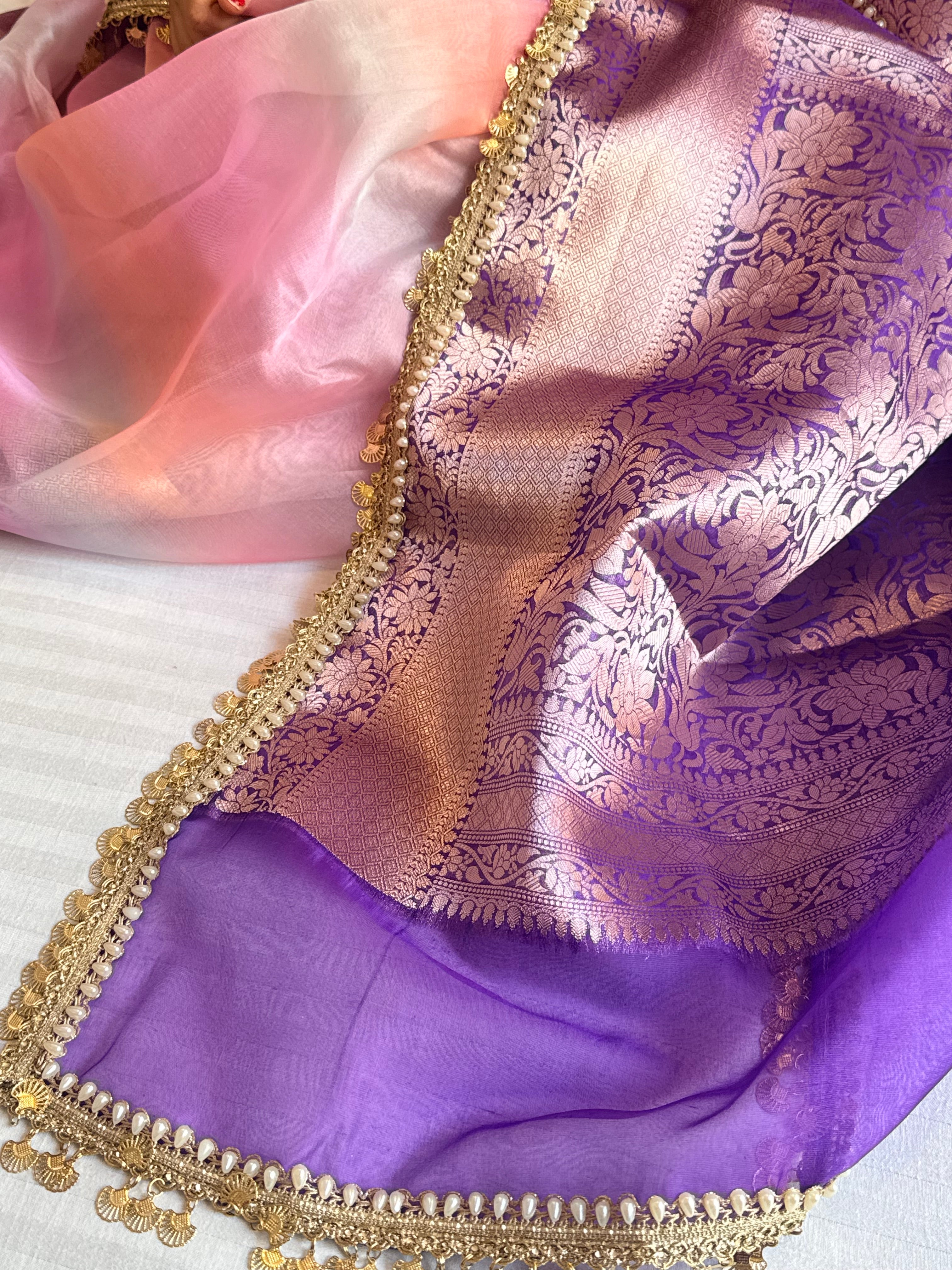 Banarasi kora silk rainbow dyed kadhwa saree with gotapatti work