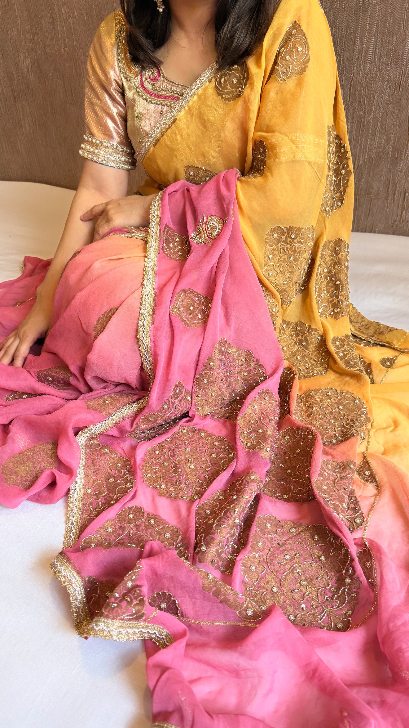 Haldi yellow and pink gorgette banarasi hand embroidered antique zari kadhwa saree