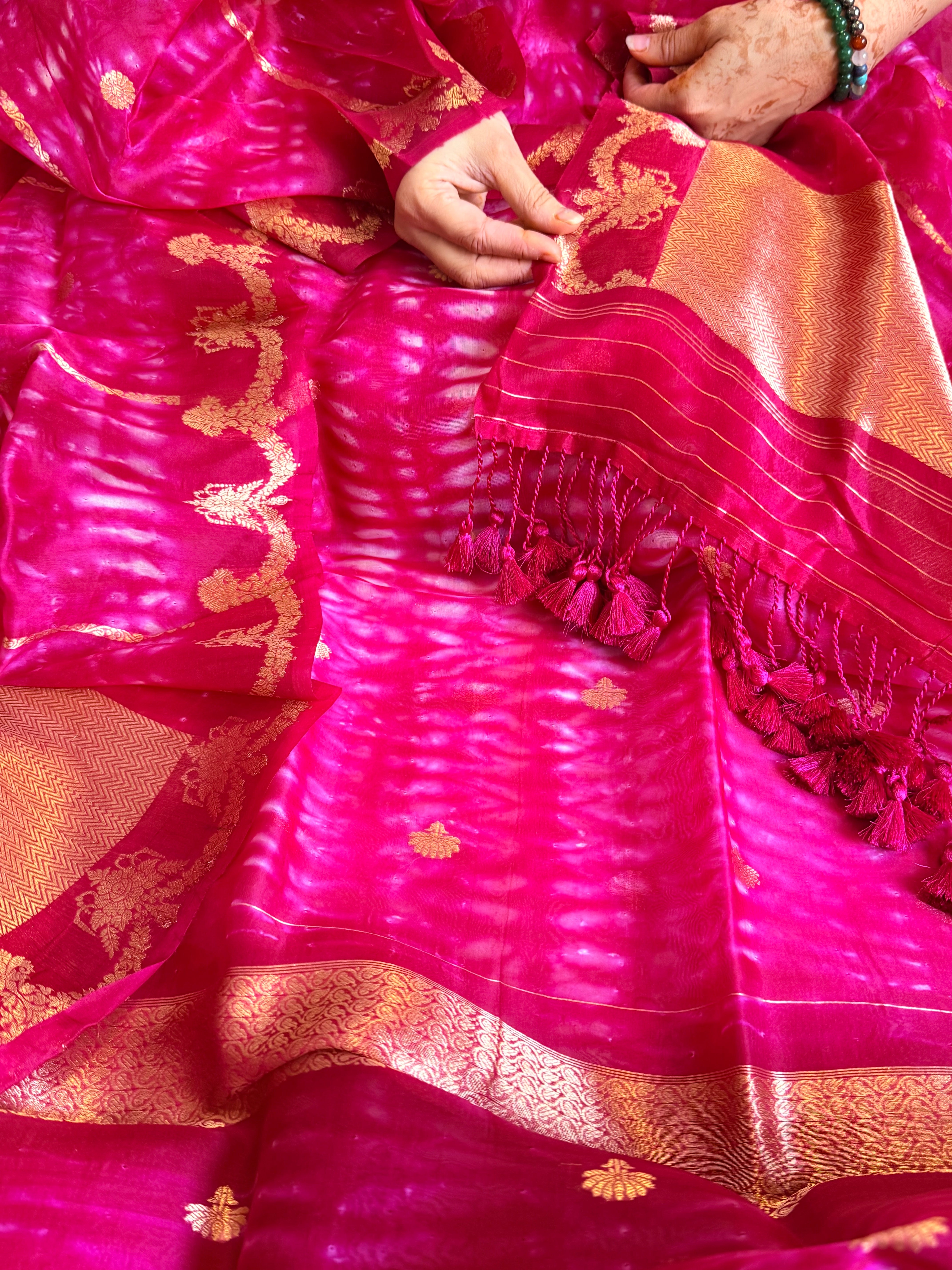 Hot pink banarasi blue kora silk shibori dye kadhwa suit set
