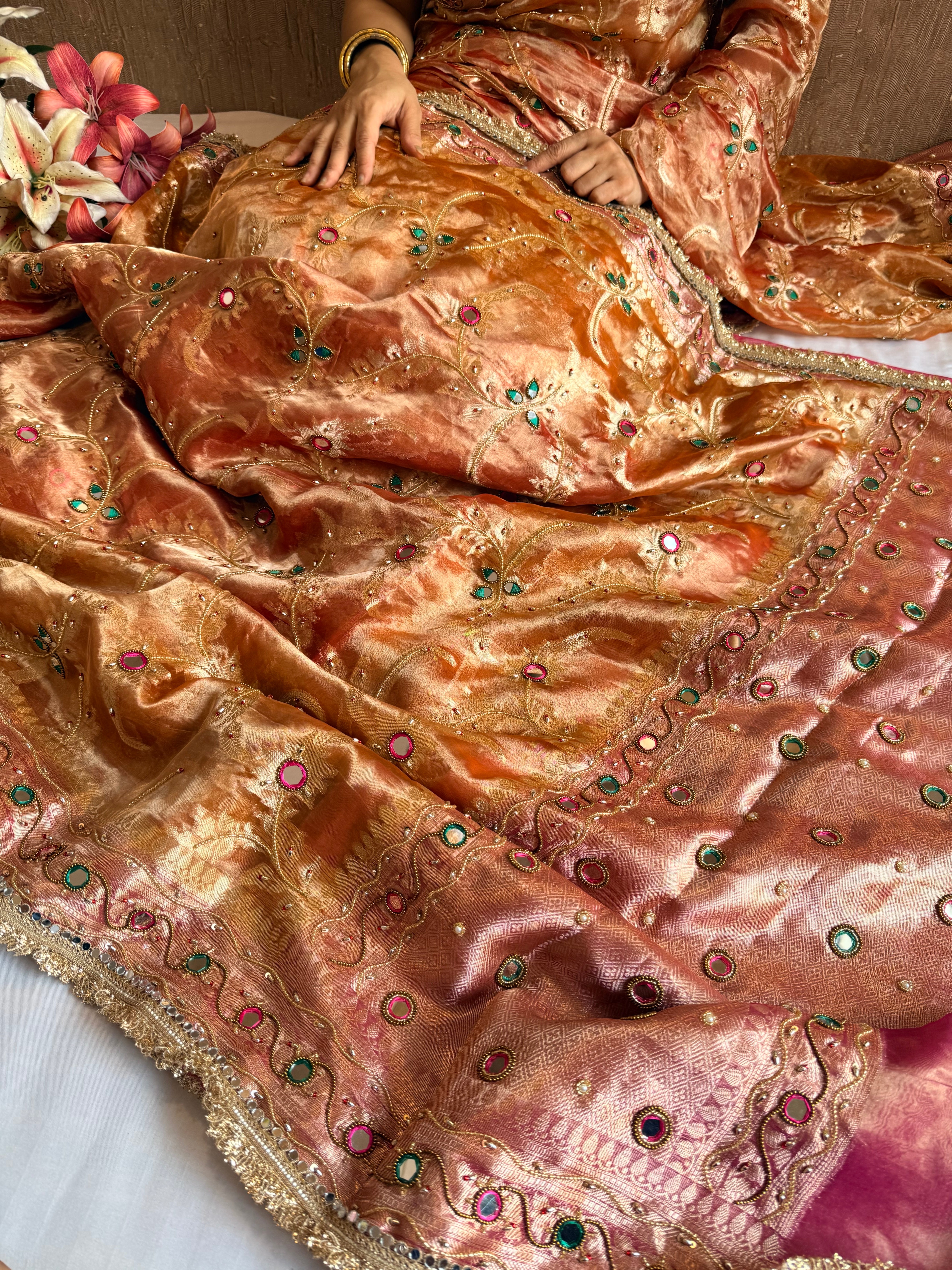 Kumkum edit tissue silk jaalwork hand embroidered saree