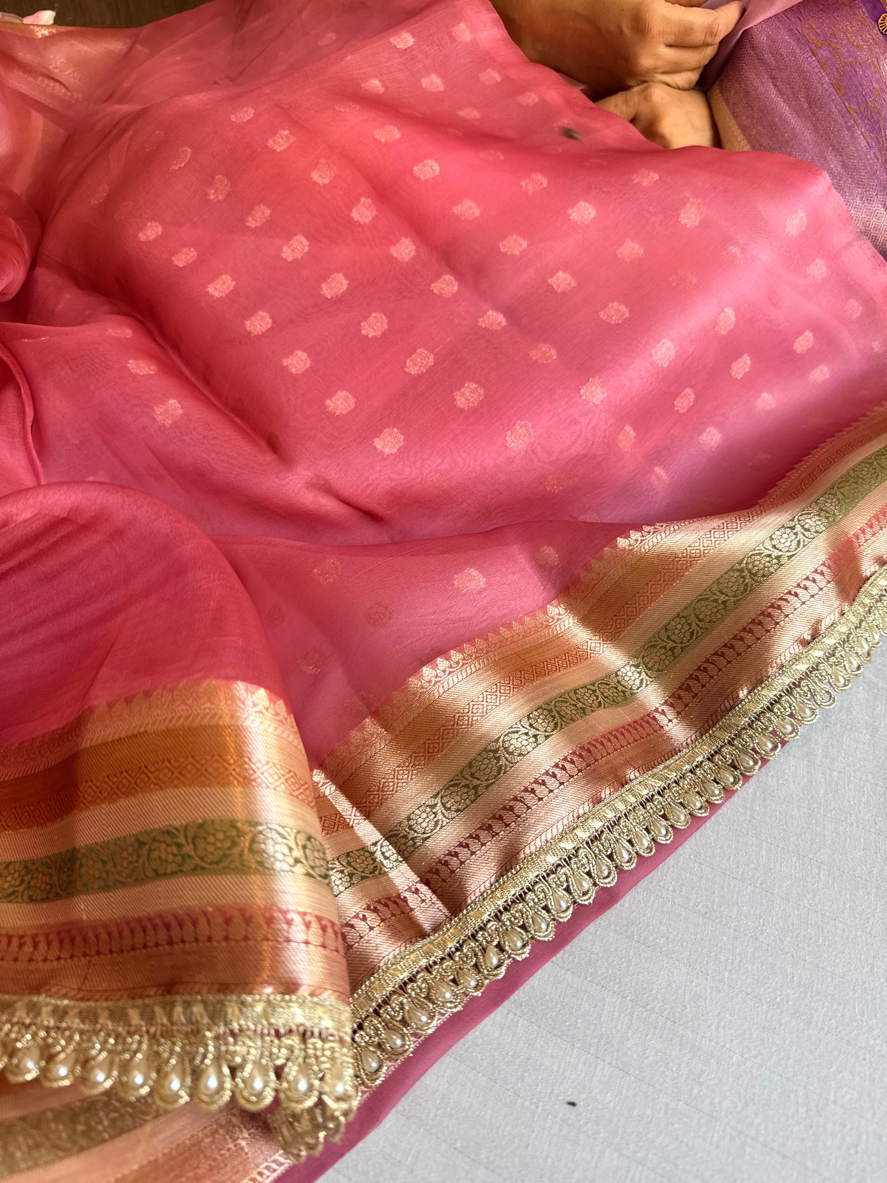 Banarasi kora silk rainbow dyed kadhwa saree with gotapatti work