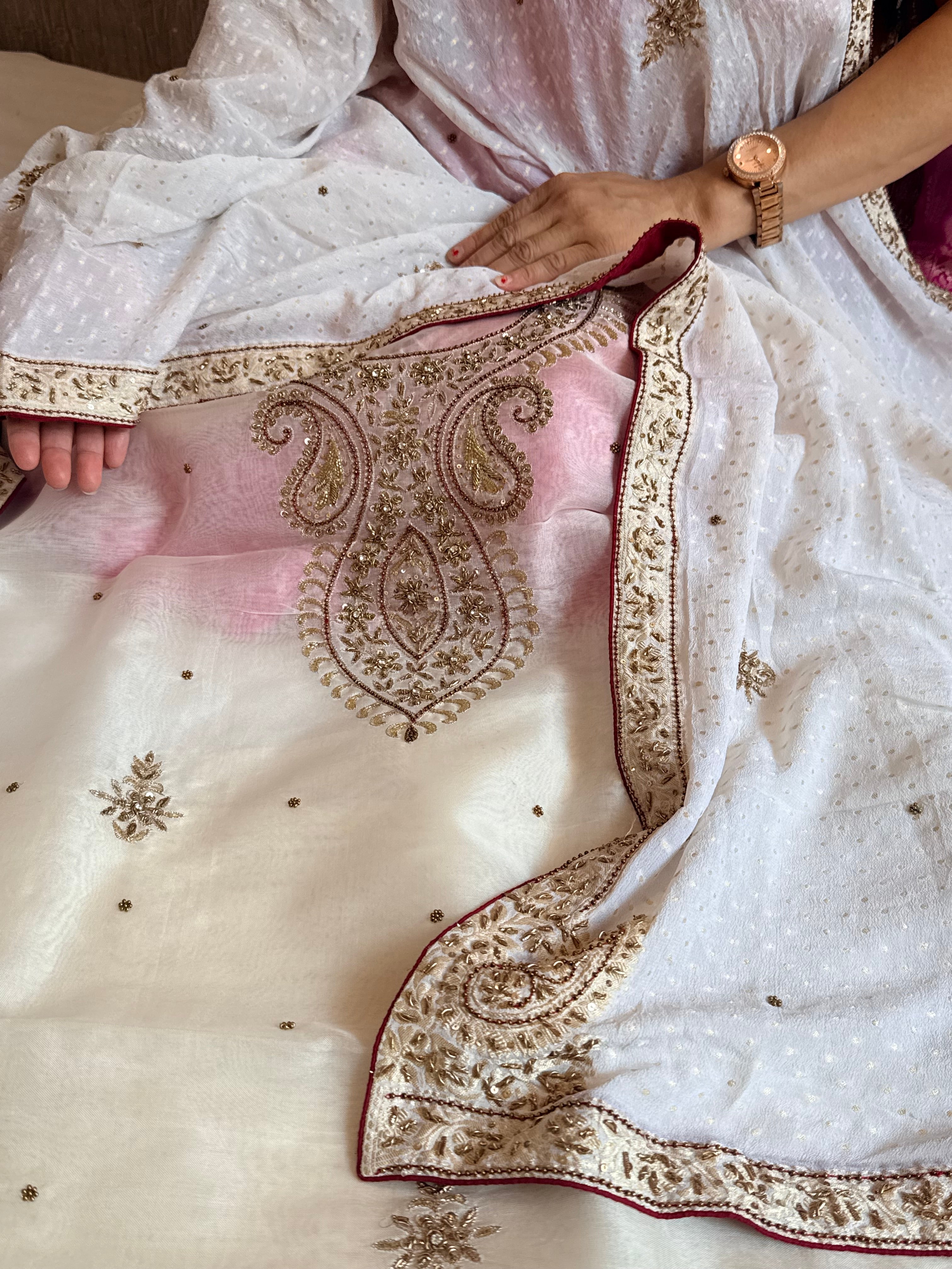 Swan white kora organza silk hand embroidery suit set