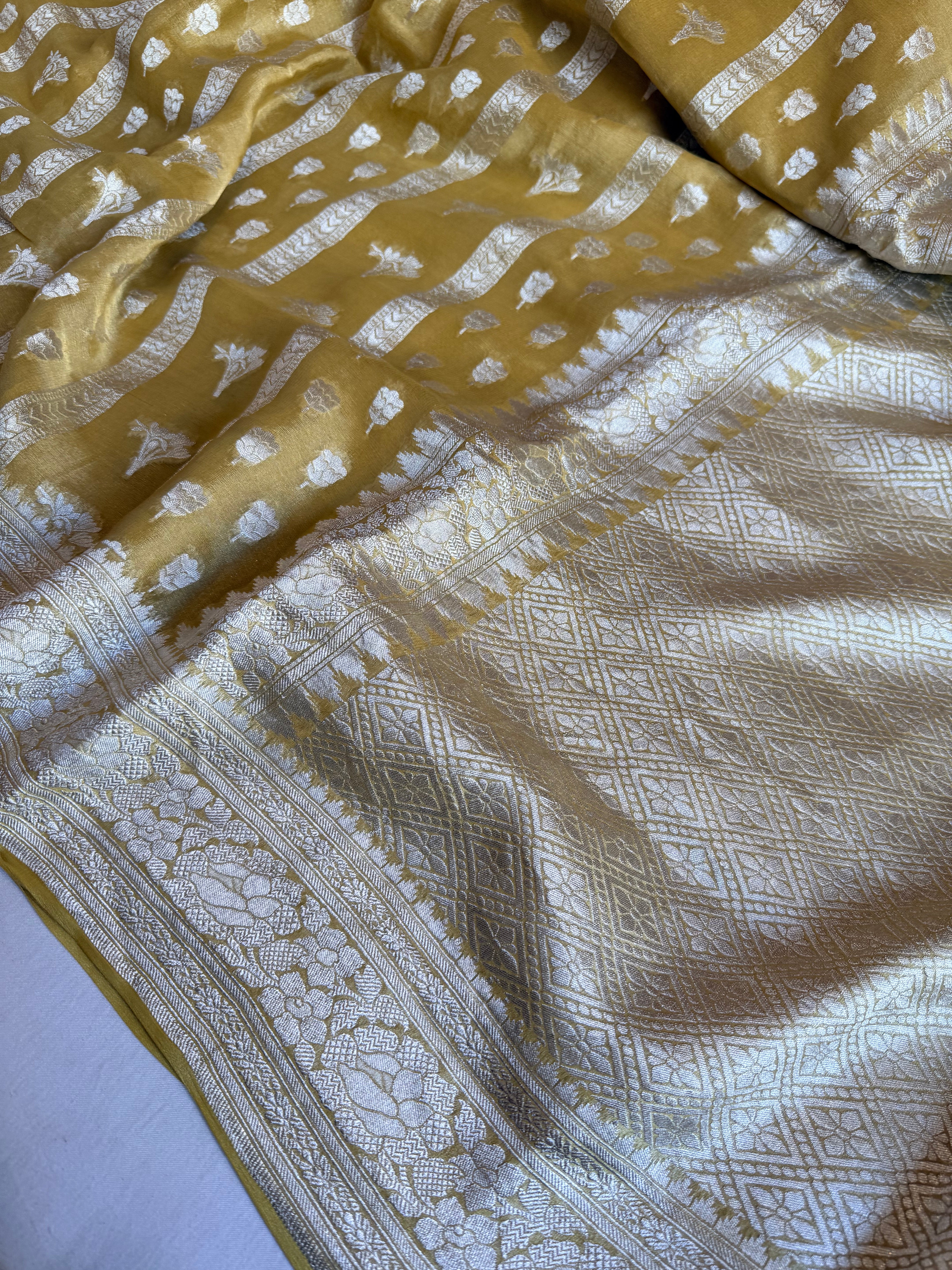 Chiffon olive tissue gorgette kadhwa soft silk saree