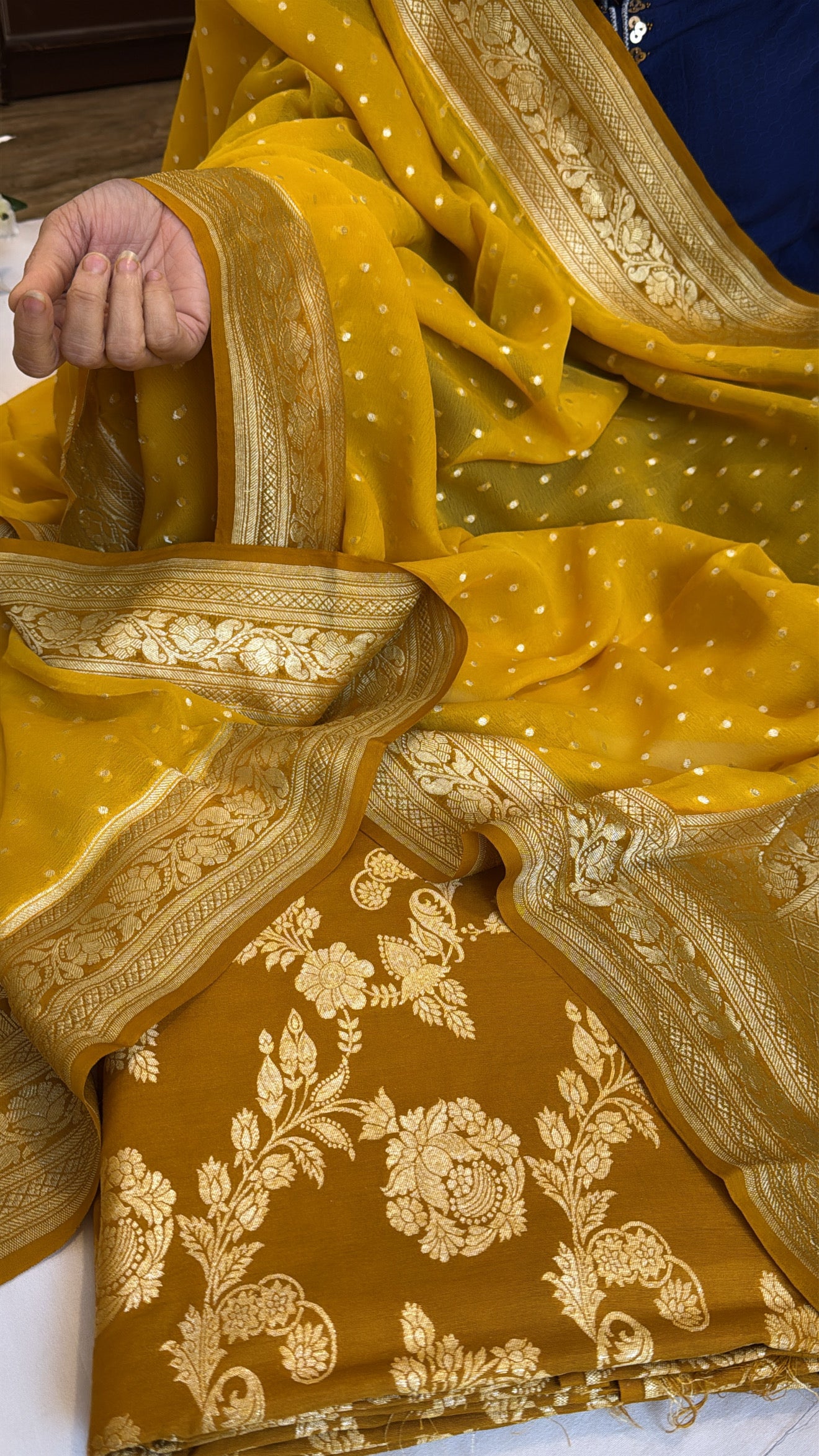 Olive gold-mustard chap dye moonga silk kurta paired with gorgette duppata set