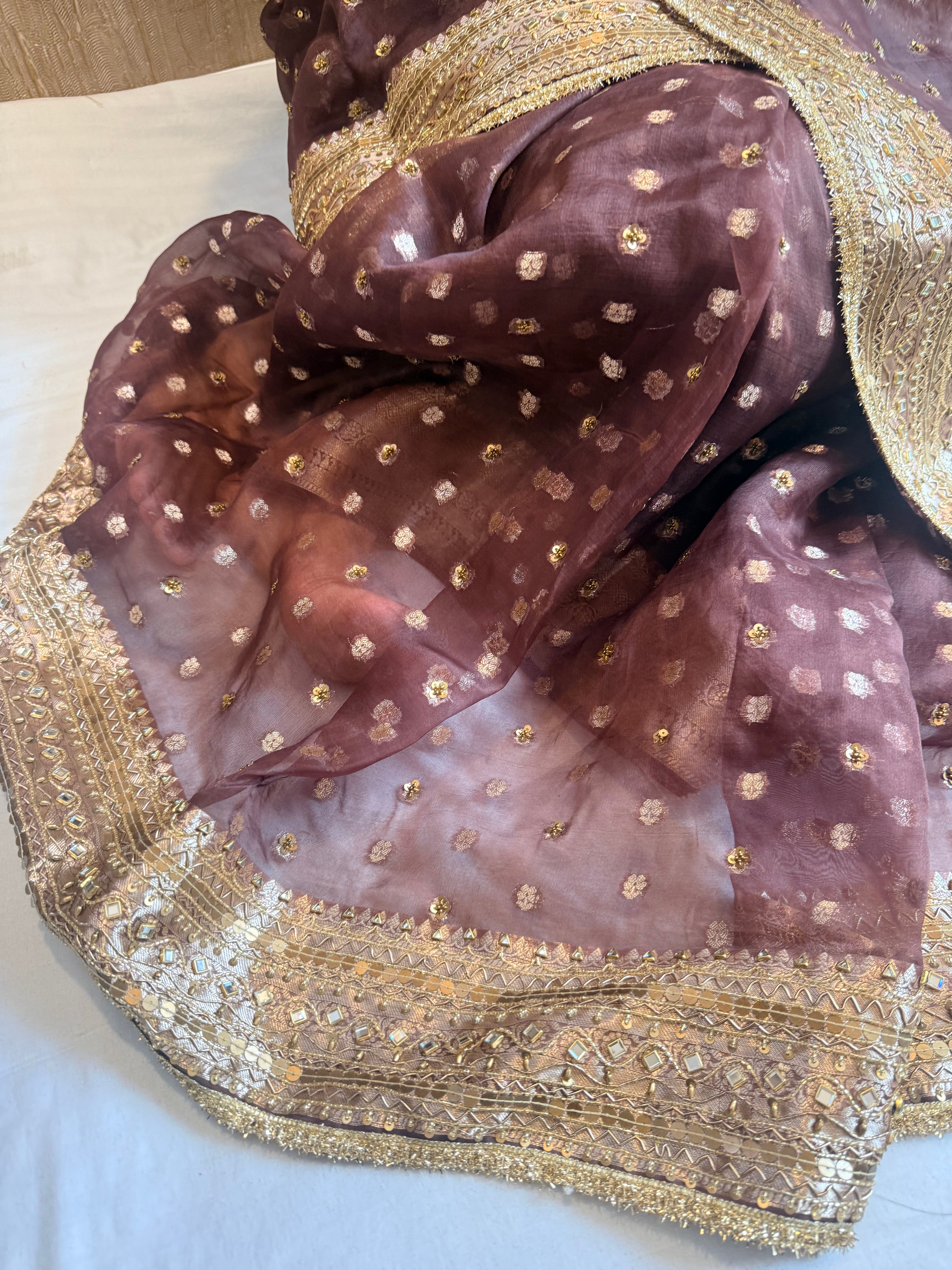 Coffee brown kora silk bollywood inspired antique work hand embroidered saree ( Blouse stitched size M-L )