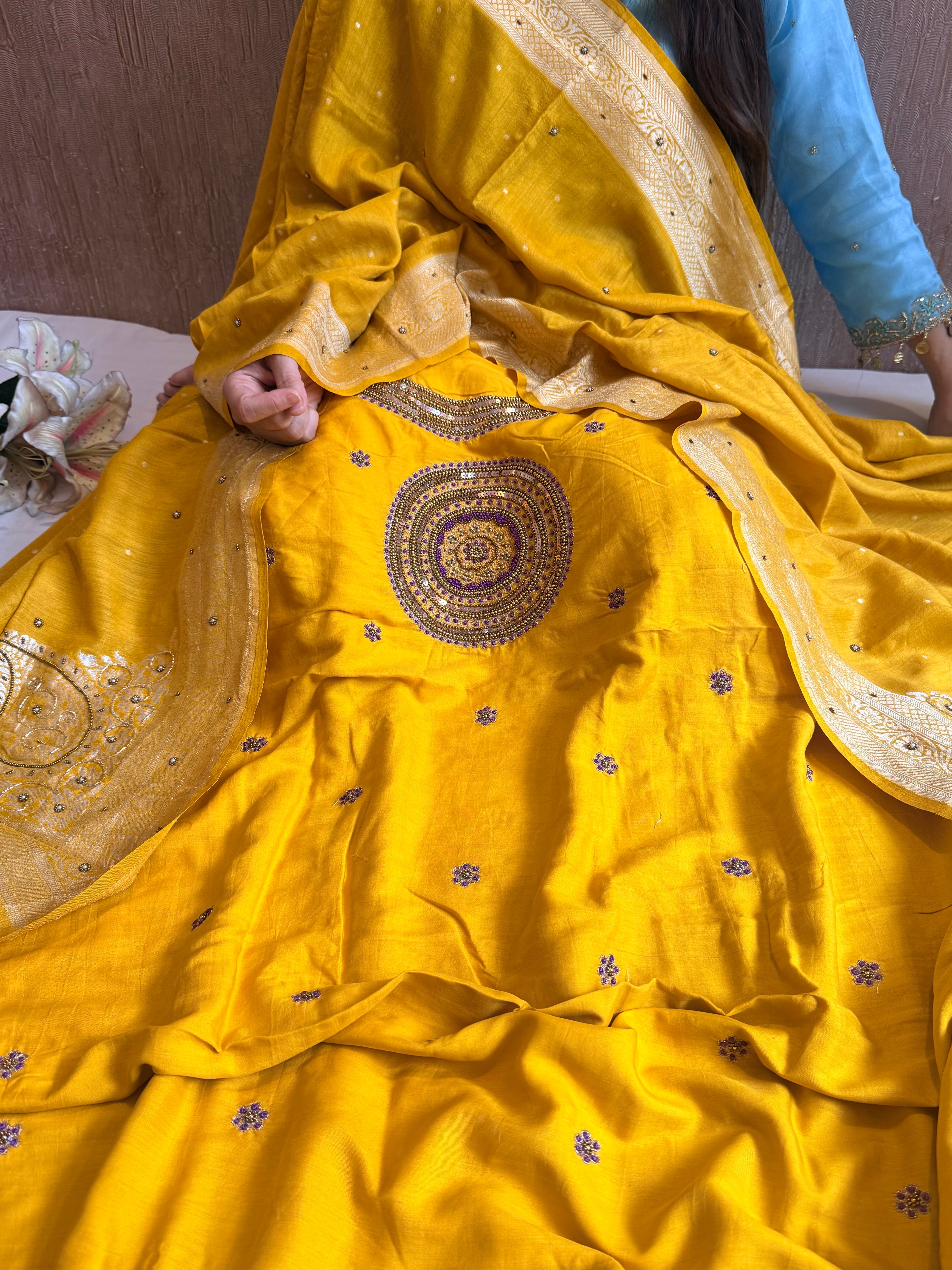 Haldi yellow spun chiniya silk hand embroidered mandala work suit set
