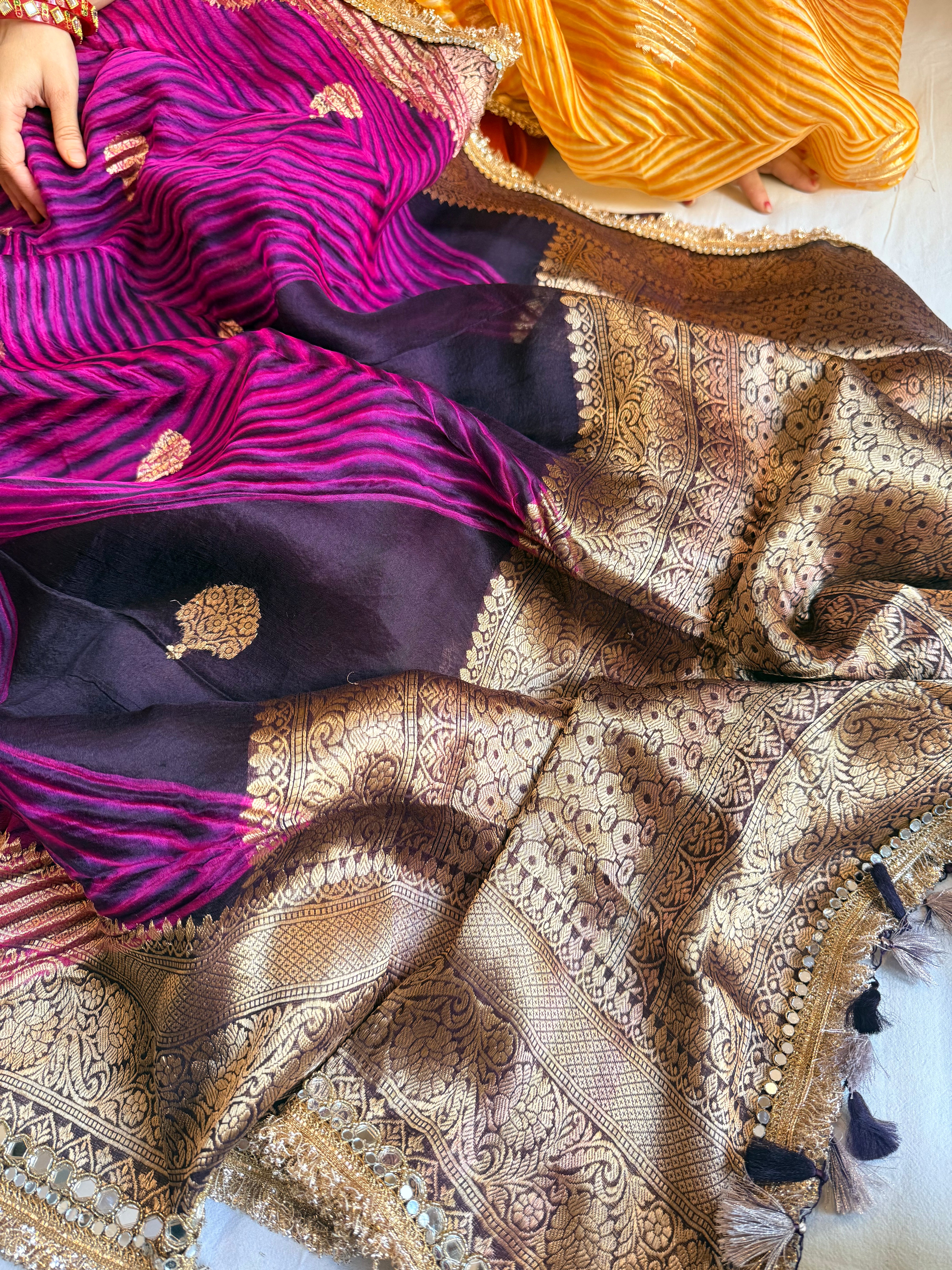 Jamuni gulab banarasi kora silk arshi dyed mirrorwork kadhwa saree