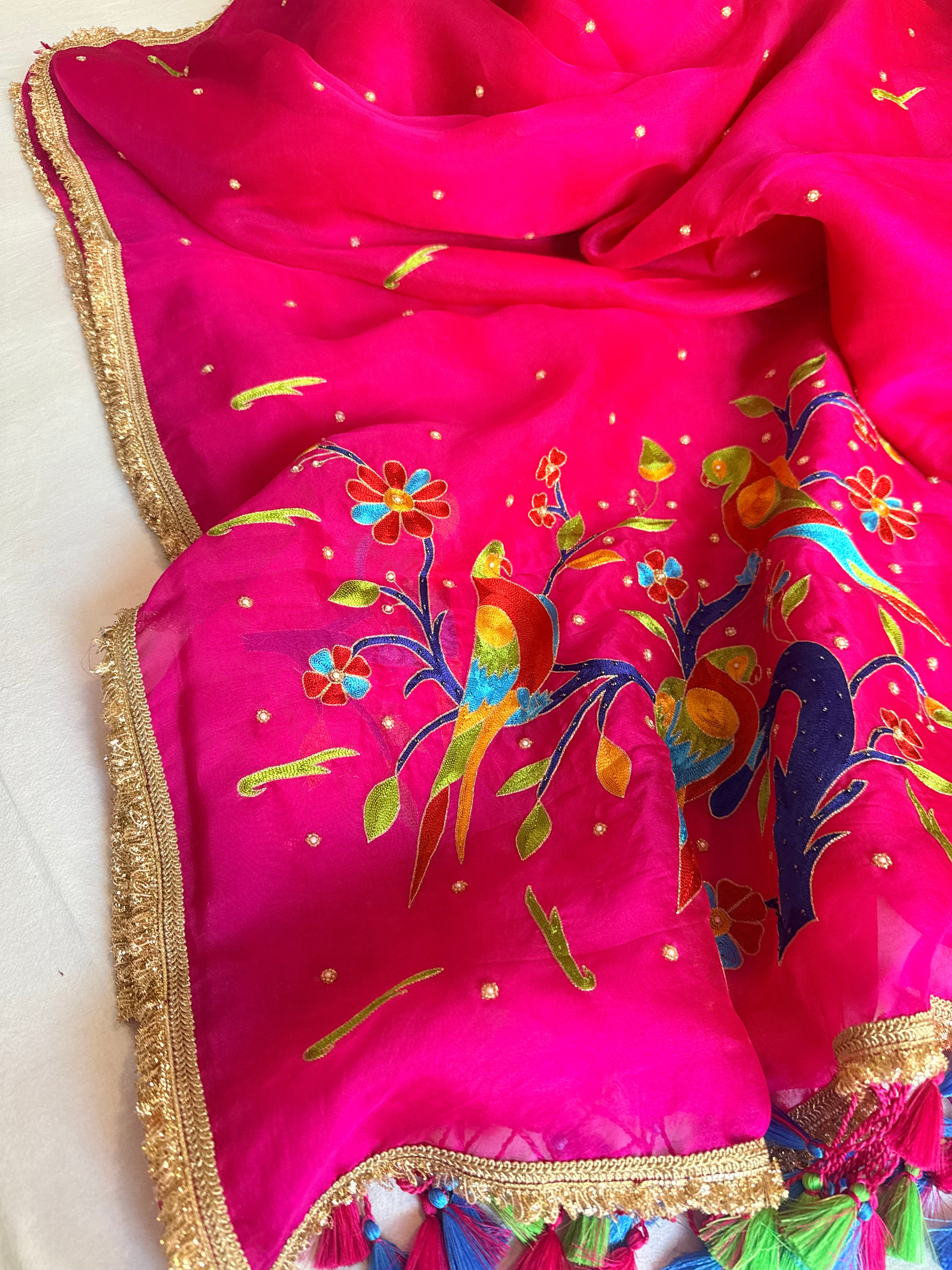 Rani pink kora silk paithani weaving hand embroidered kadhwa saree