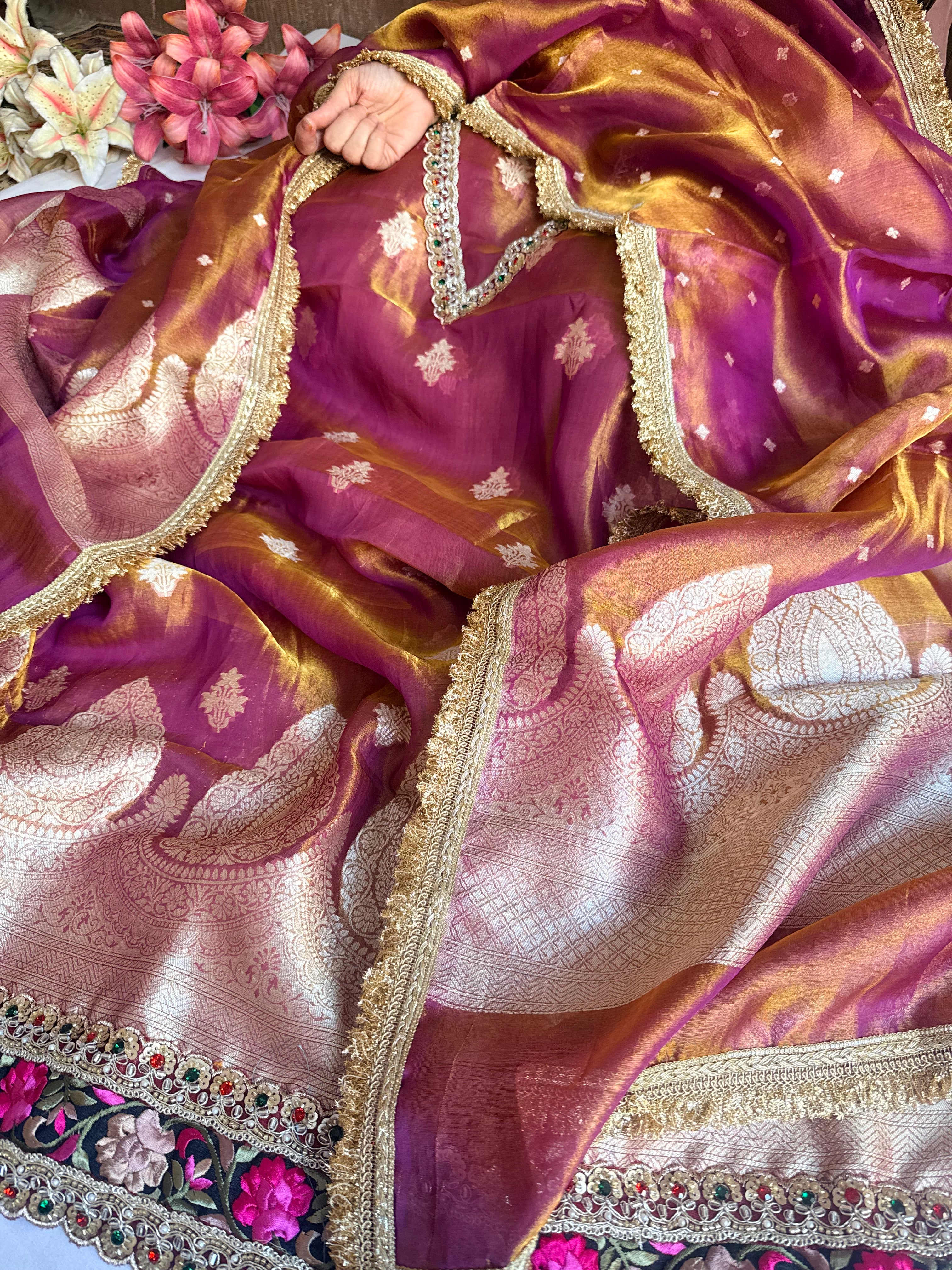 Navratna purple tissue silk kadhwa buti hand embroidered suit sets