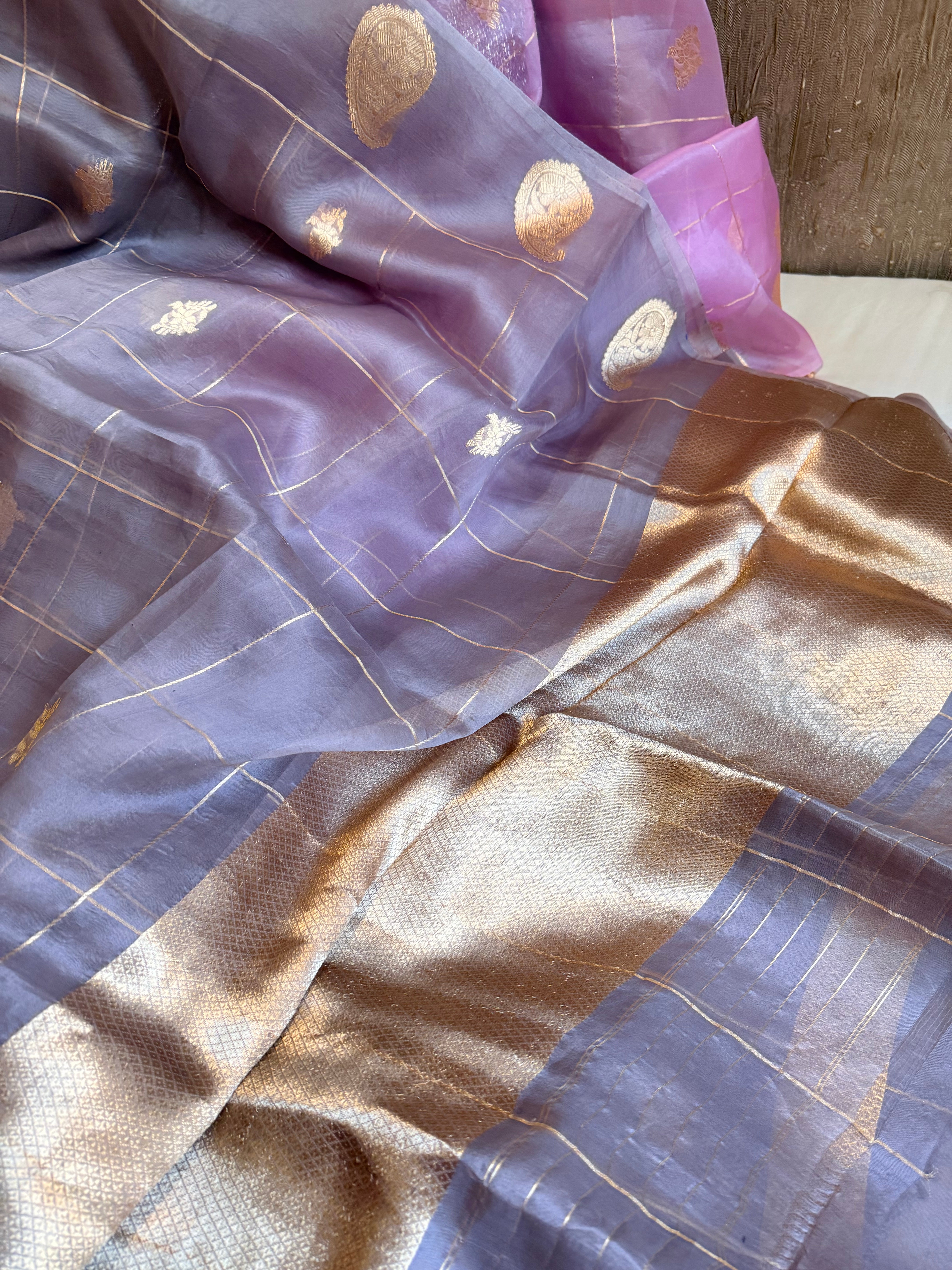 Metallic grey kora silk kadhwa handloom saree