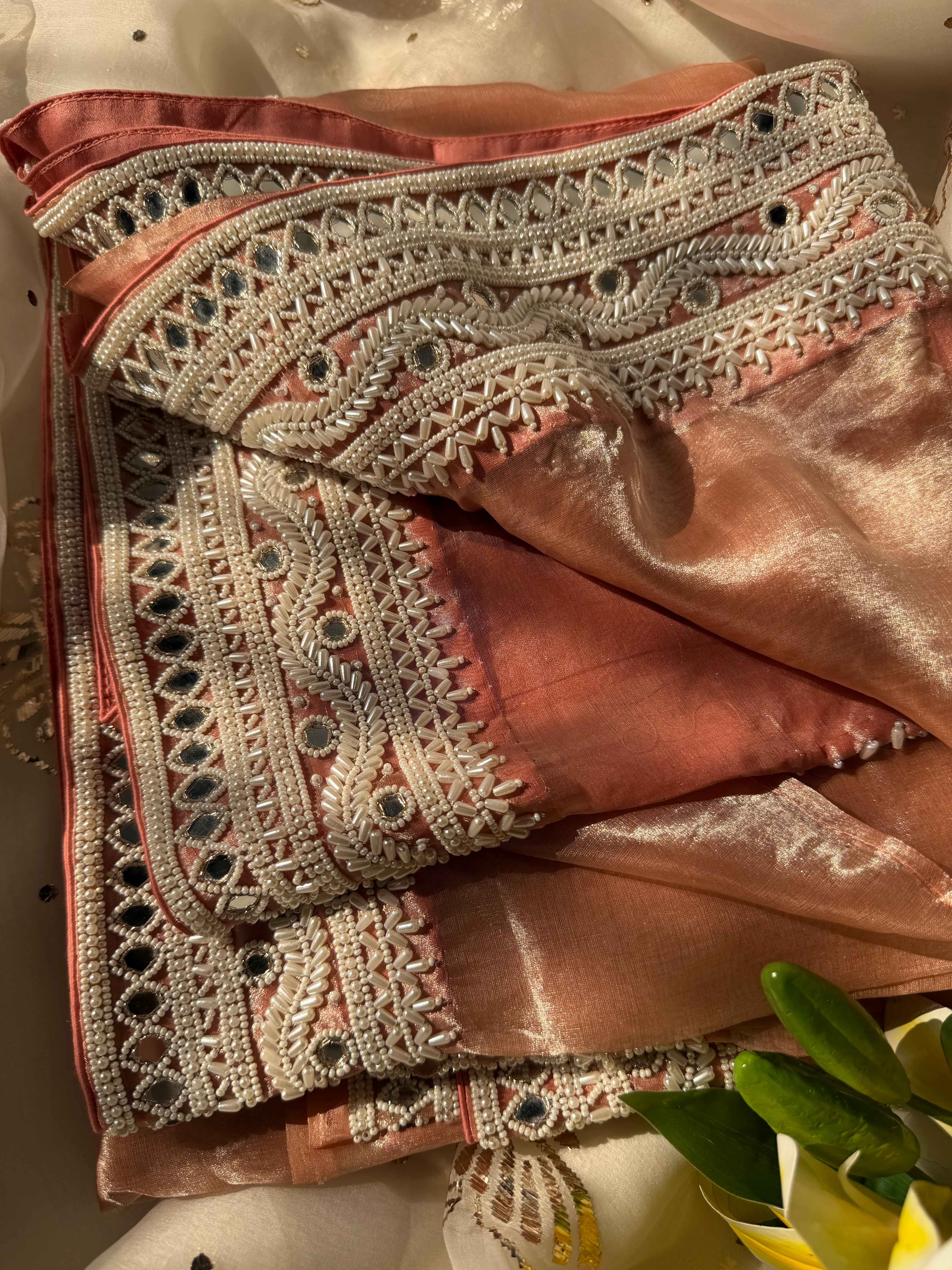 Gajri peach mirrorwork and pearlwork hand embroidered diamond tissue saree