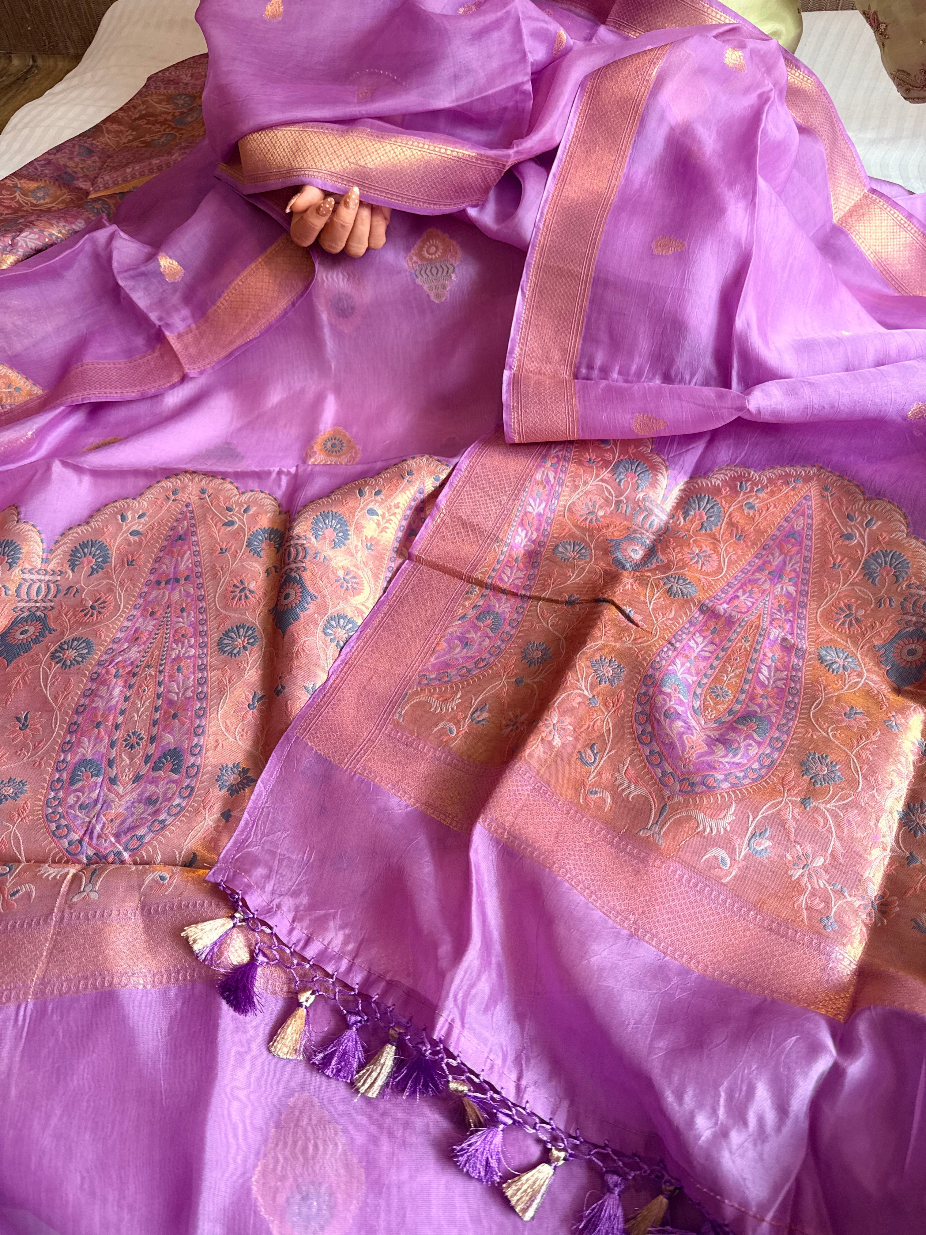 Butter silk banarasi lavender meenakari kadhwa weaving suit set