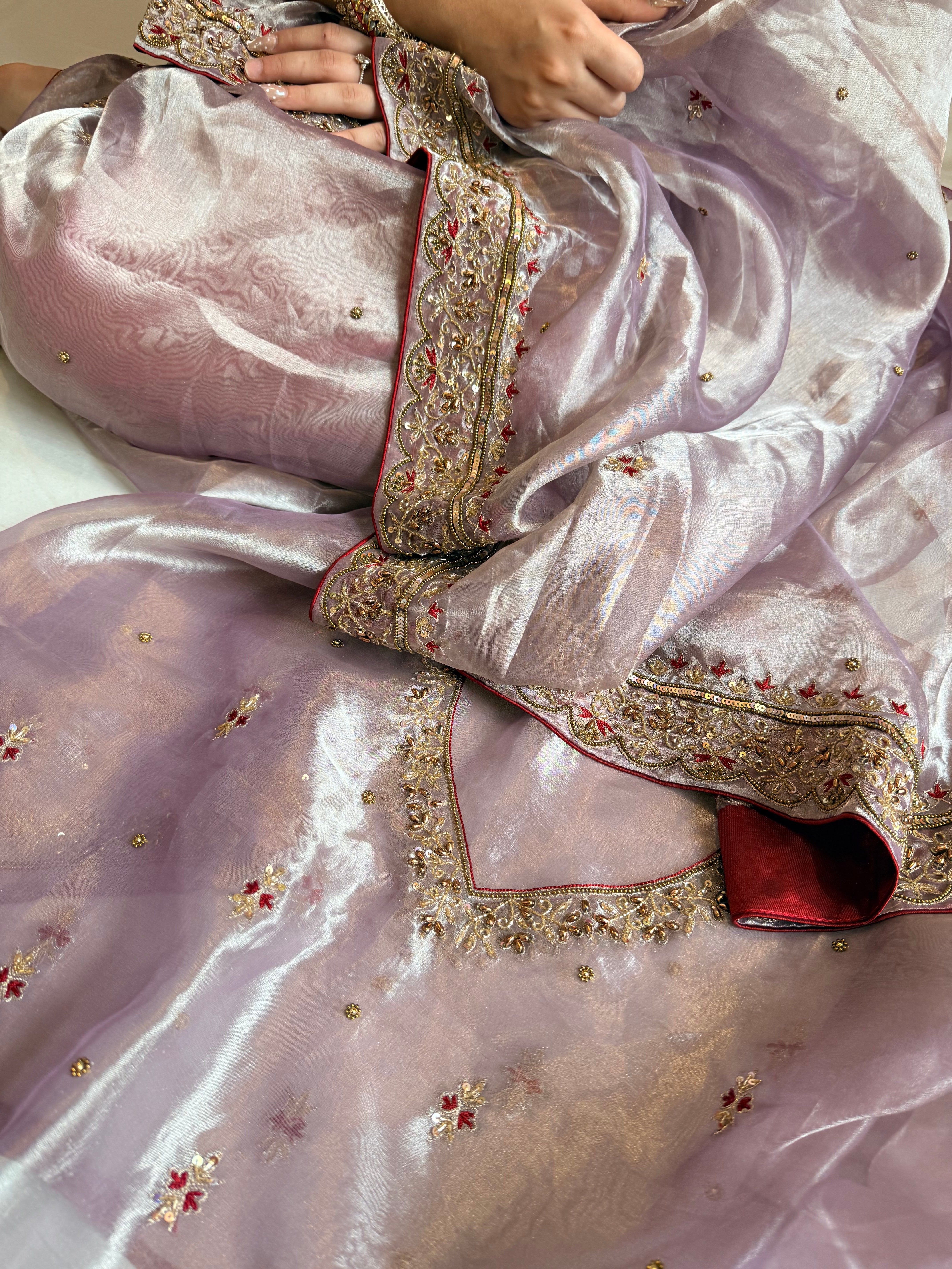 Dulhan wali saree edit lilac tissue silk hand embroidered saree