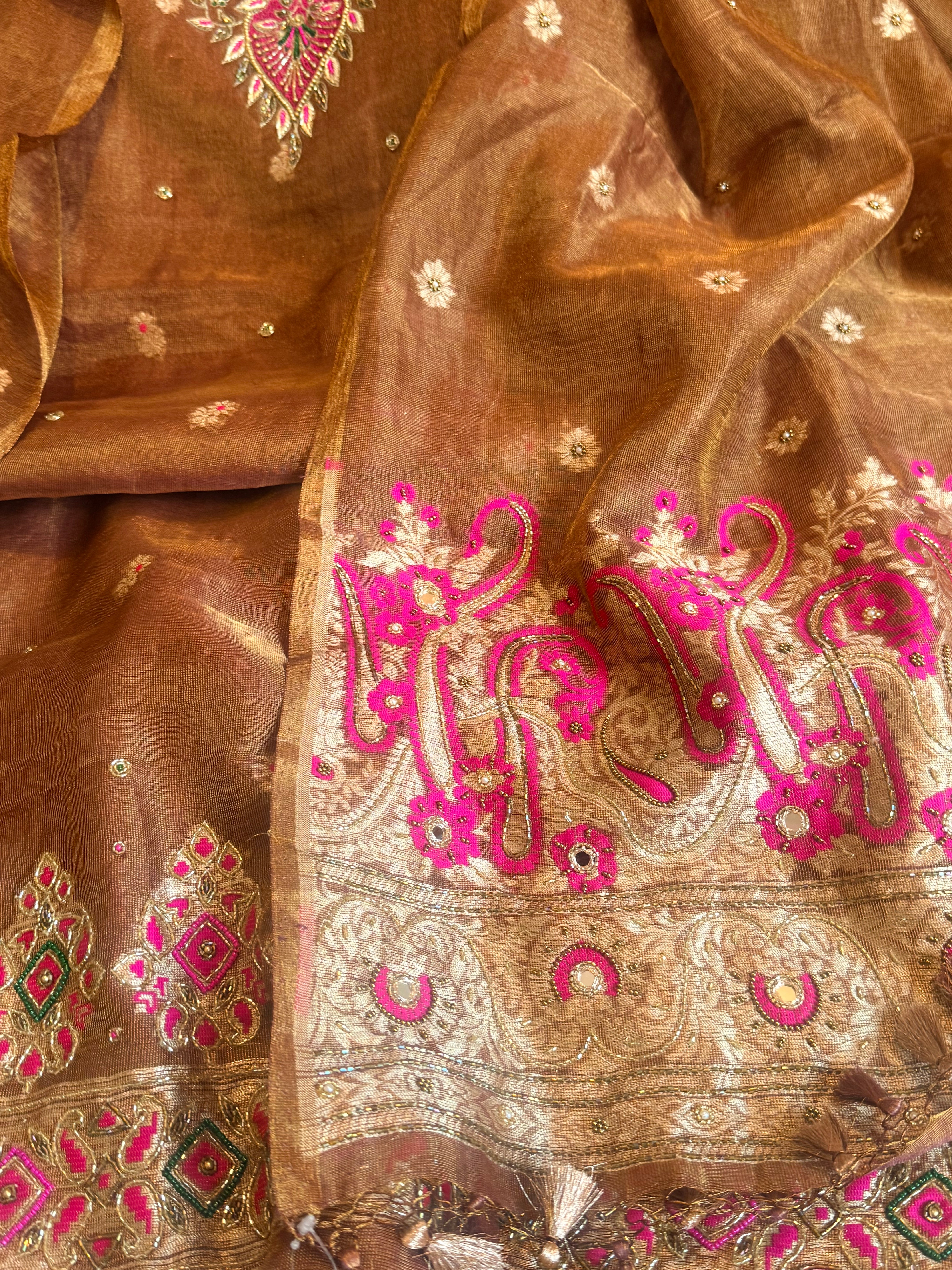 Choco brown mul tissue linen meenakari hand embroidered suit sets