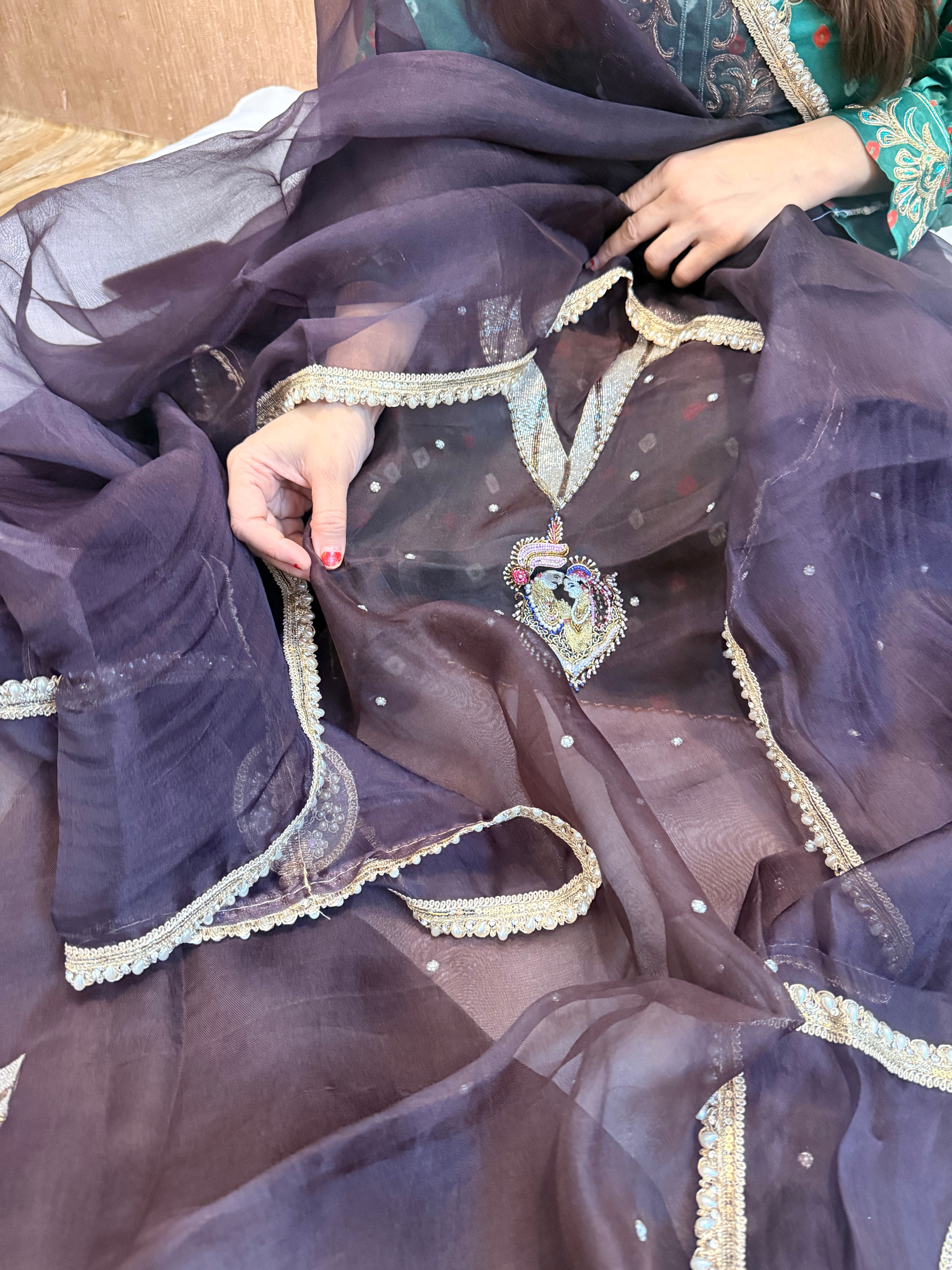 Chocolate brown kora silk gotapatti hand embroidered suit set