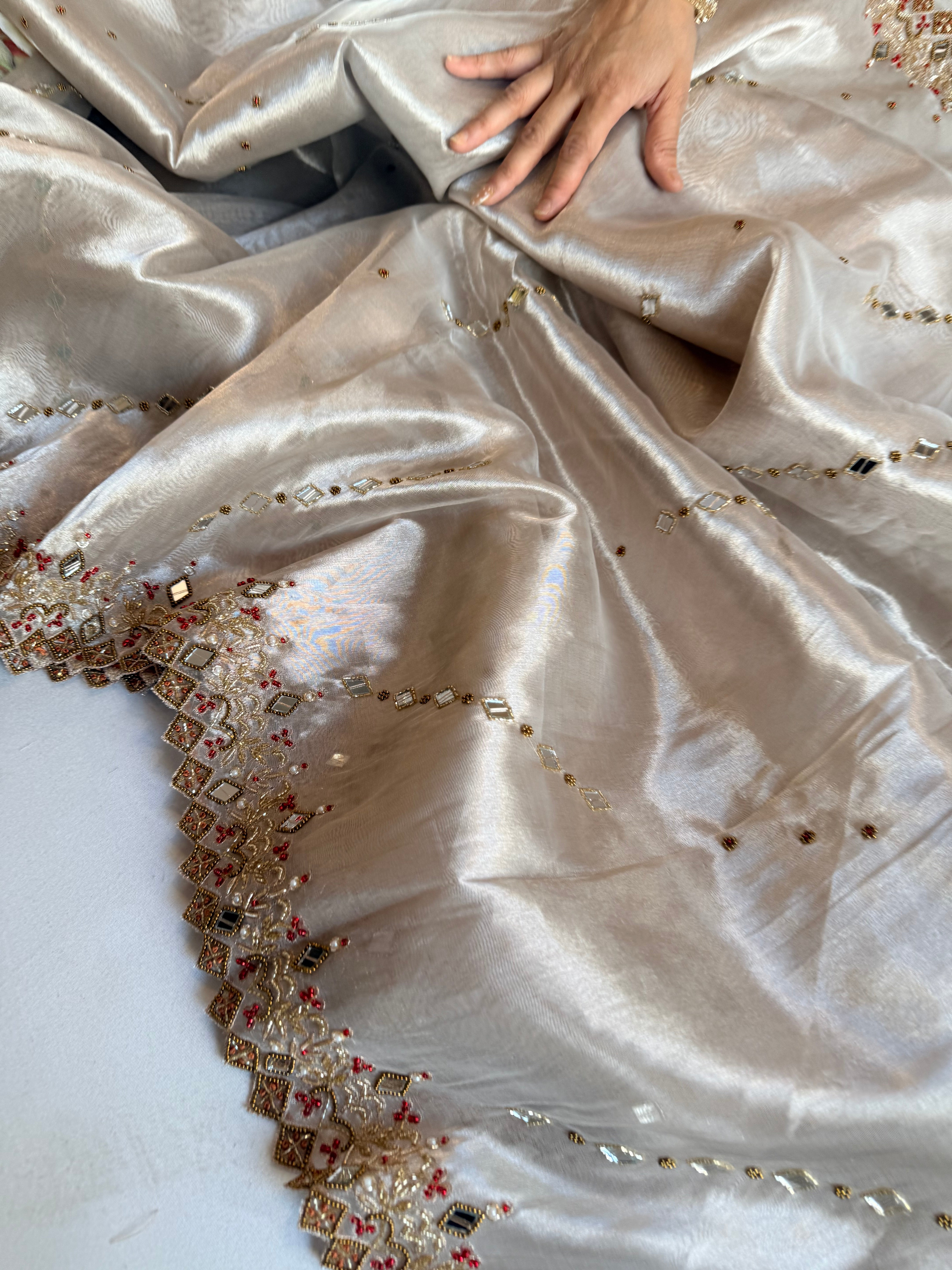 Jheel edit tissue silk diamond hand embroidered kadhwa saree