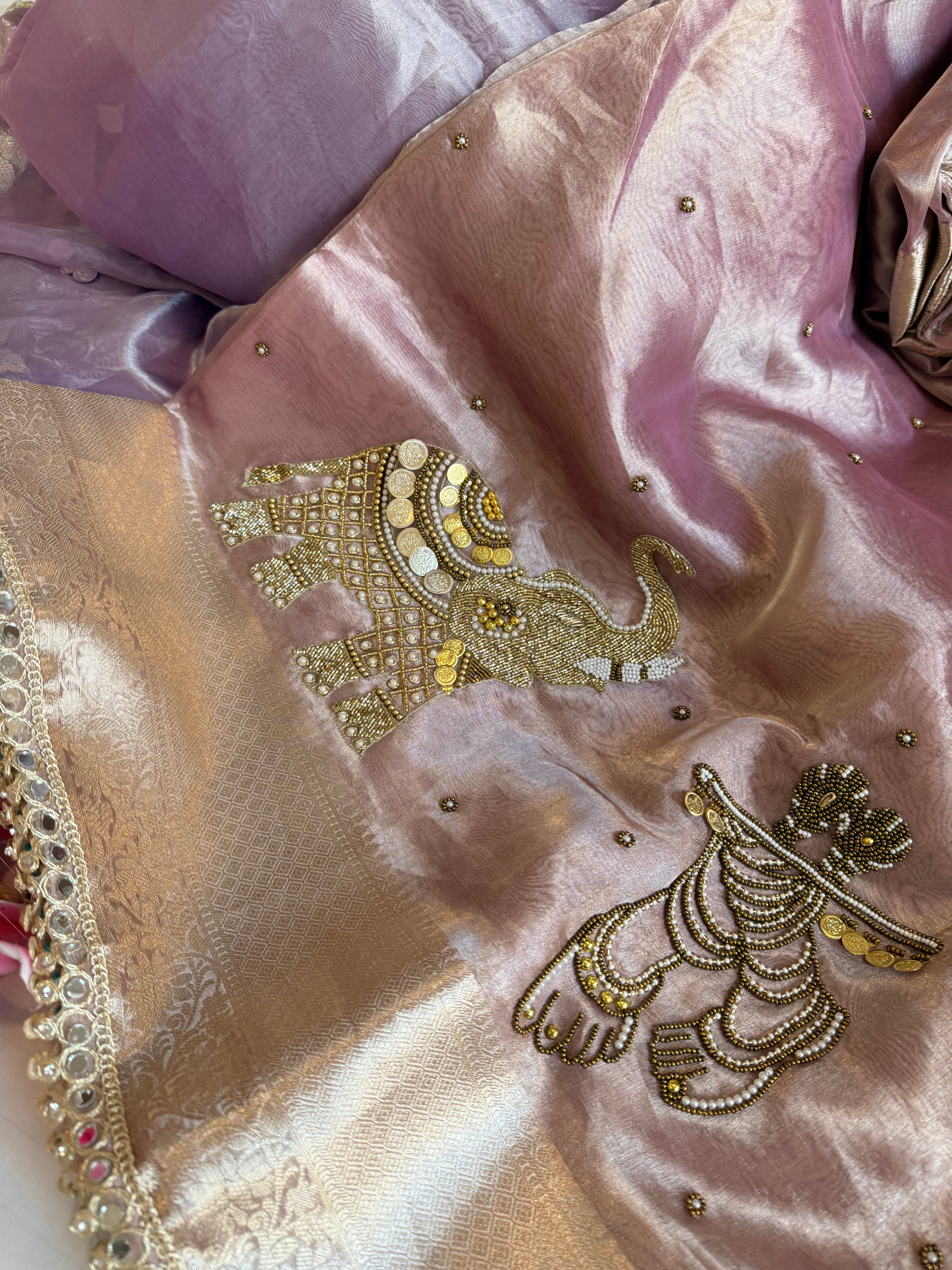 Gulabi jadau edit - Soft pink tissue silk jadau work hand embroidered saree