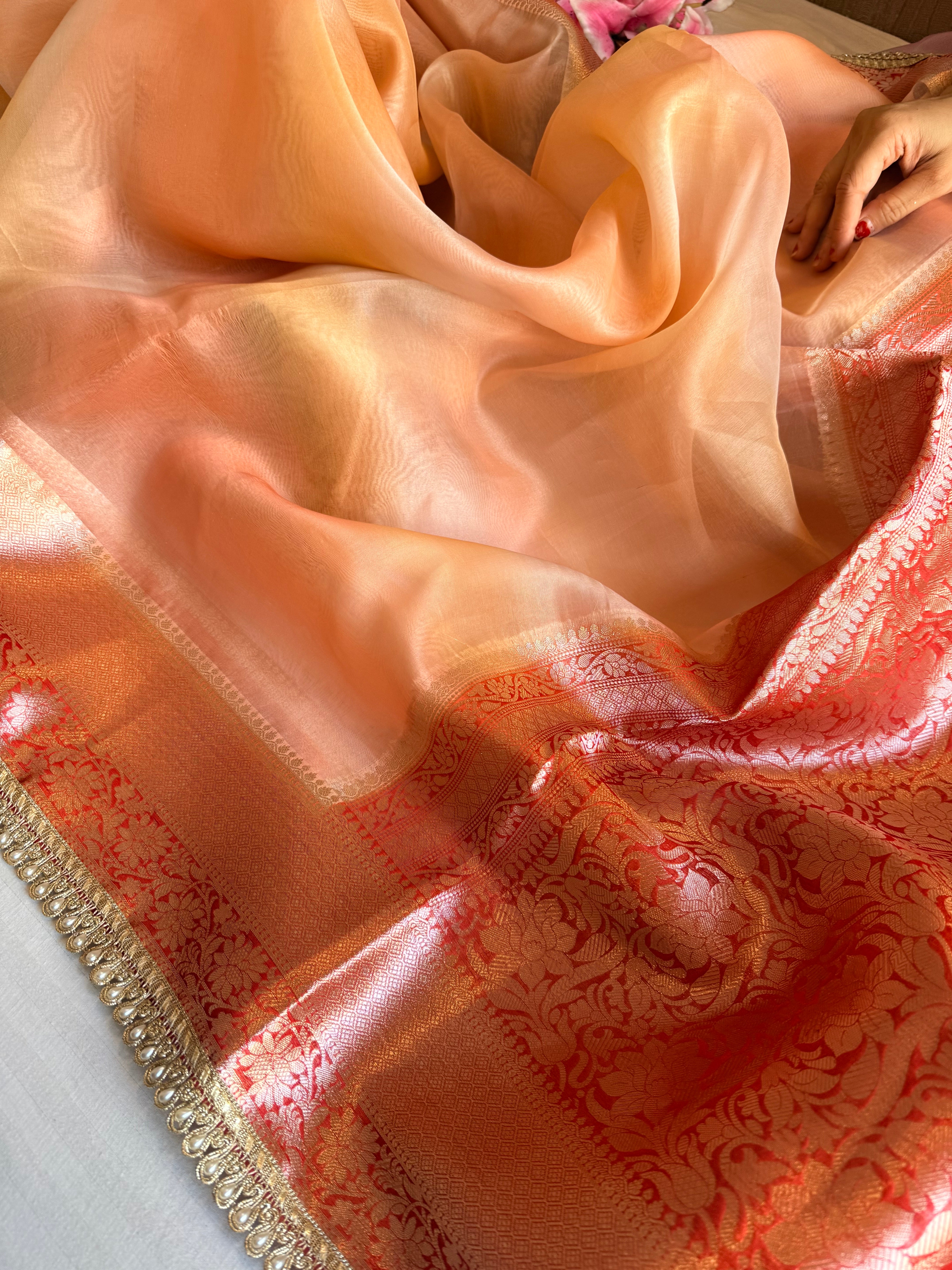 Banarasi kora silk rainbow dyed kadhwa saree with gotapatti work