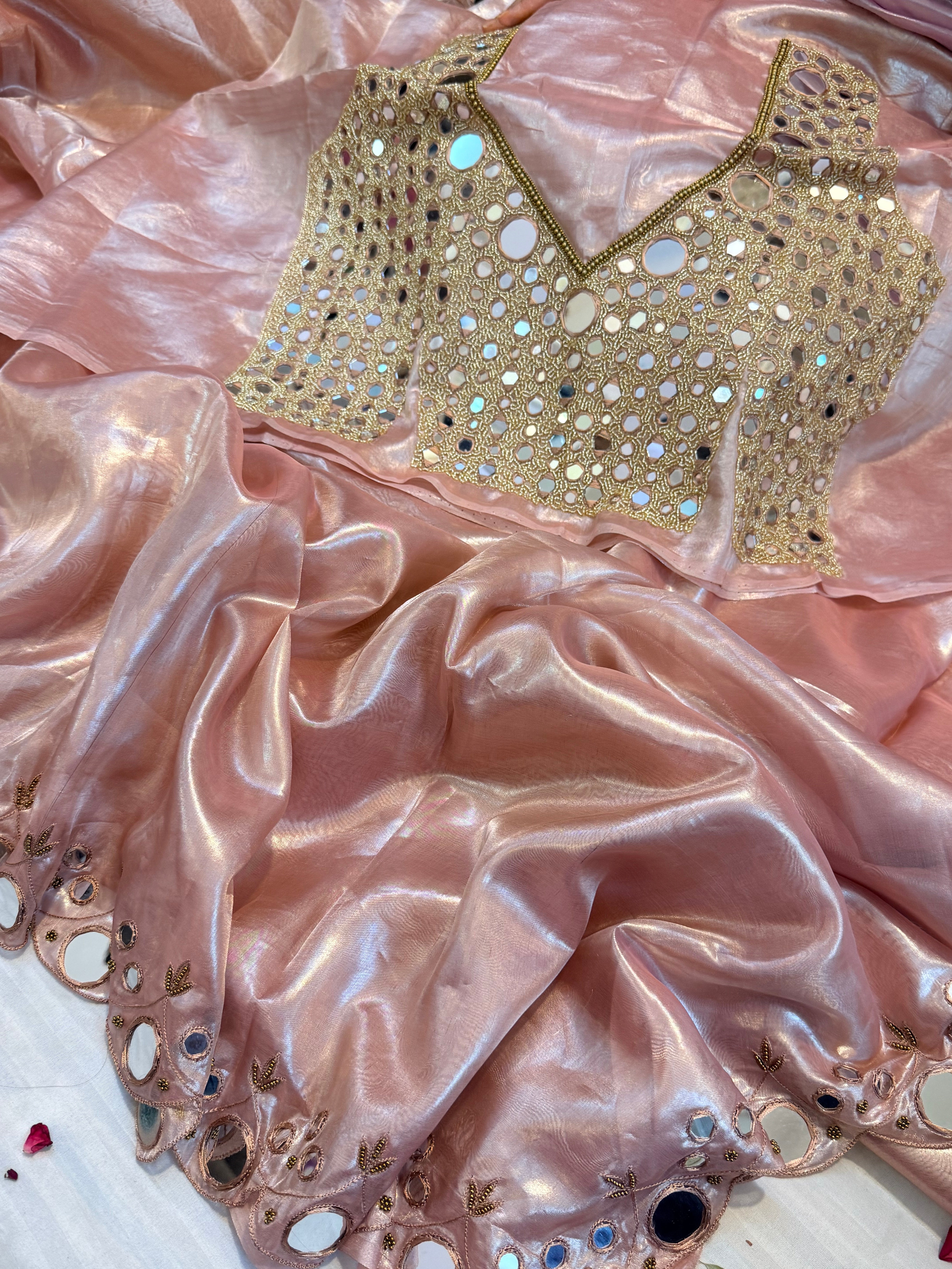 Sheeshe wali blush peachy pink tissue silk mirrorwork hand embroidered banarasi saree