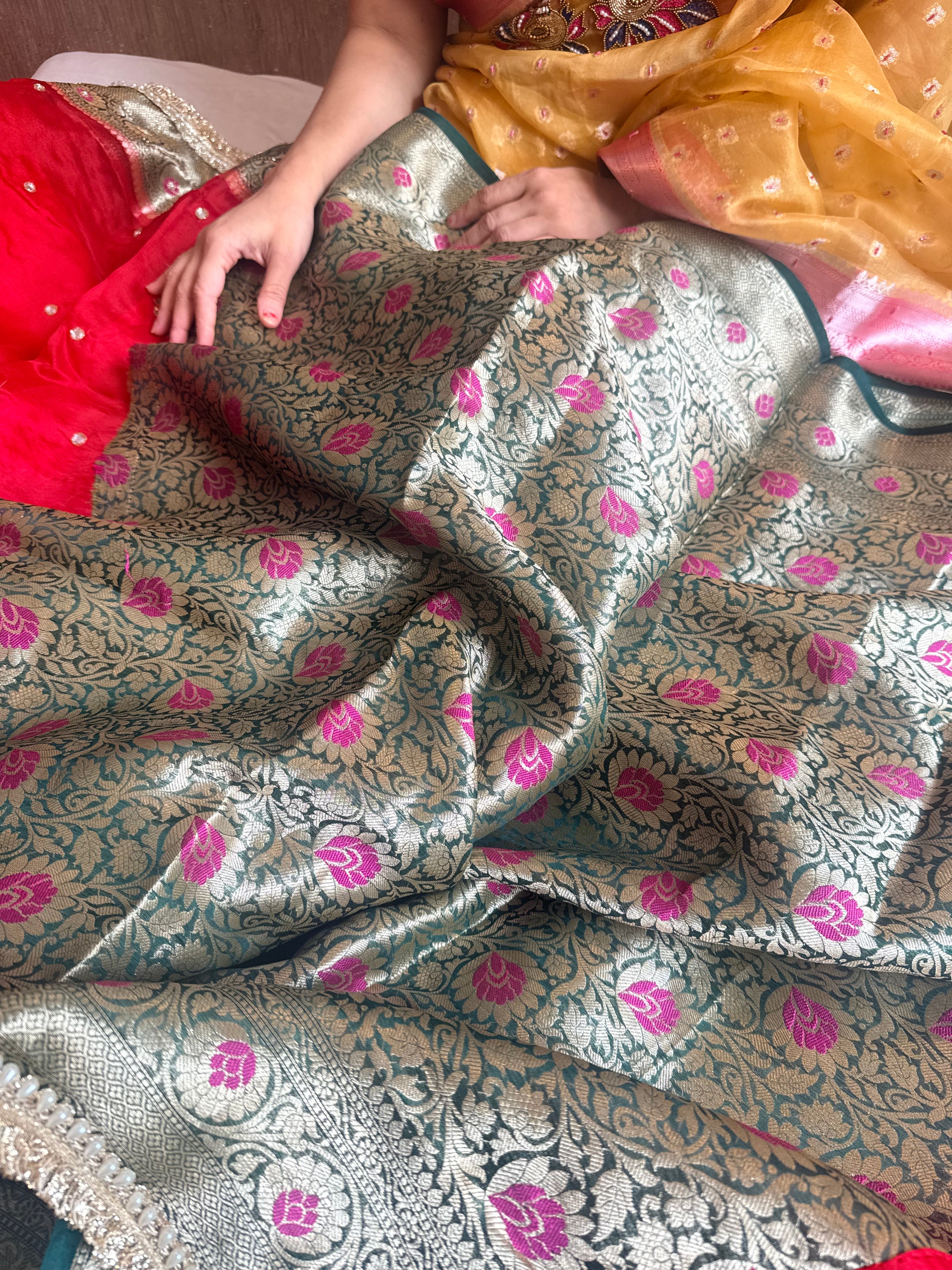 Husn ganga jamuna contrast border kora silk hand embroidered saree