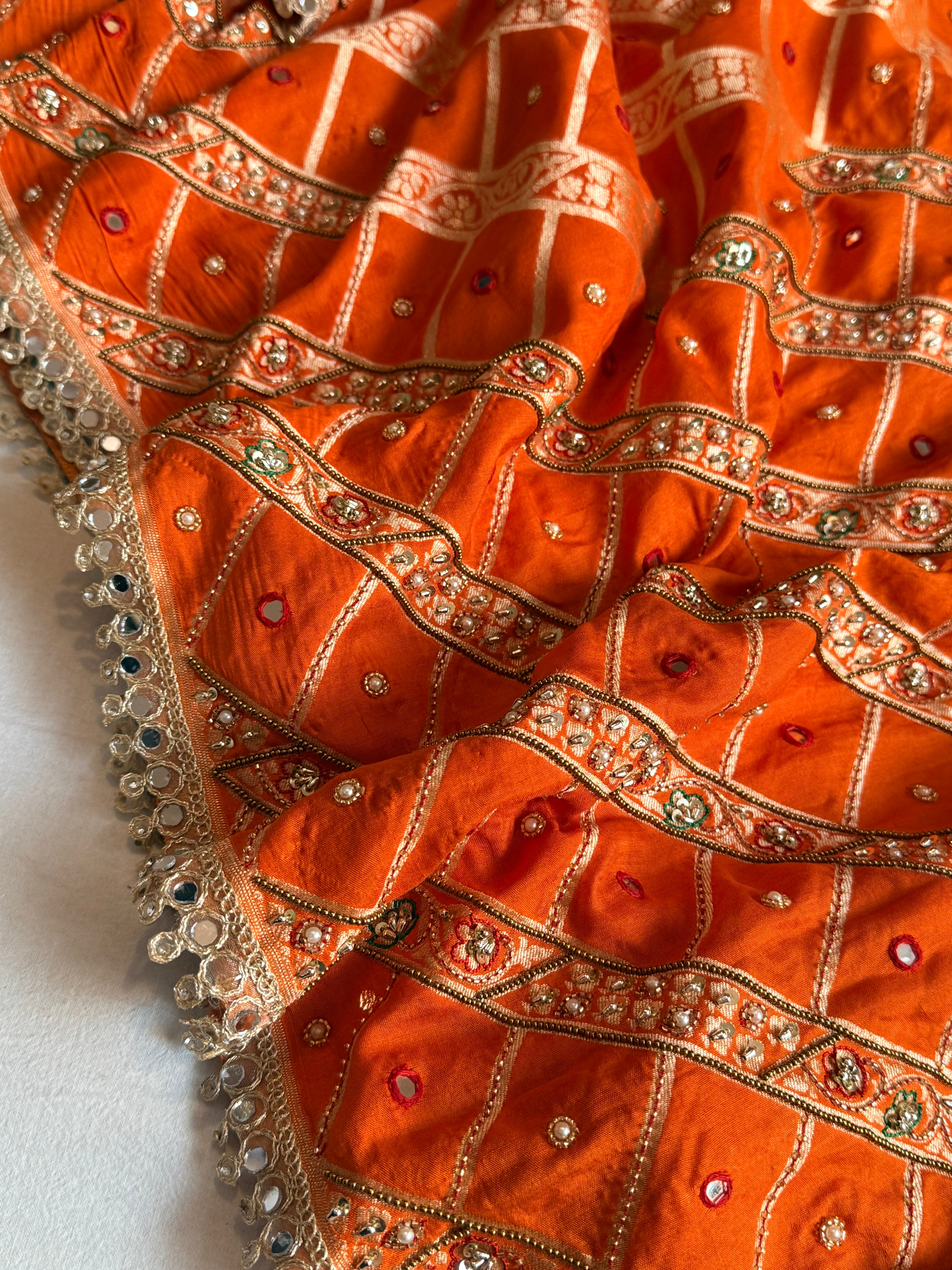 Spun chiniya silk mirrorwork hand embroidered banarasi saree