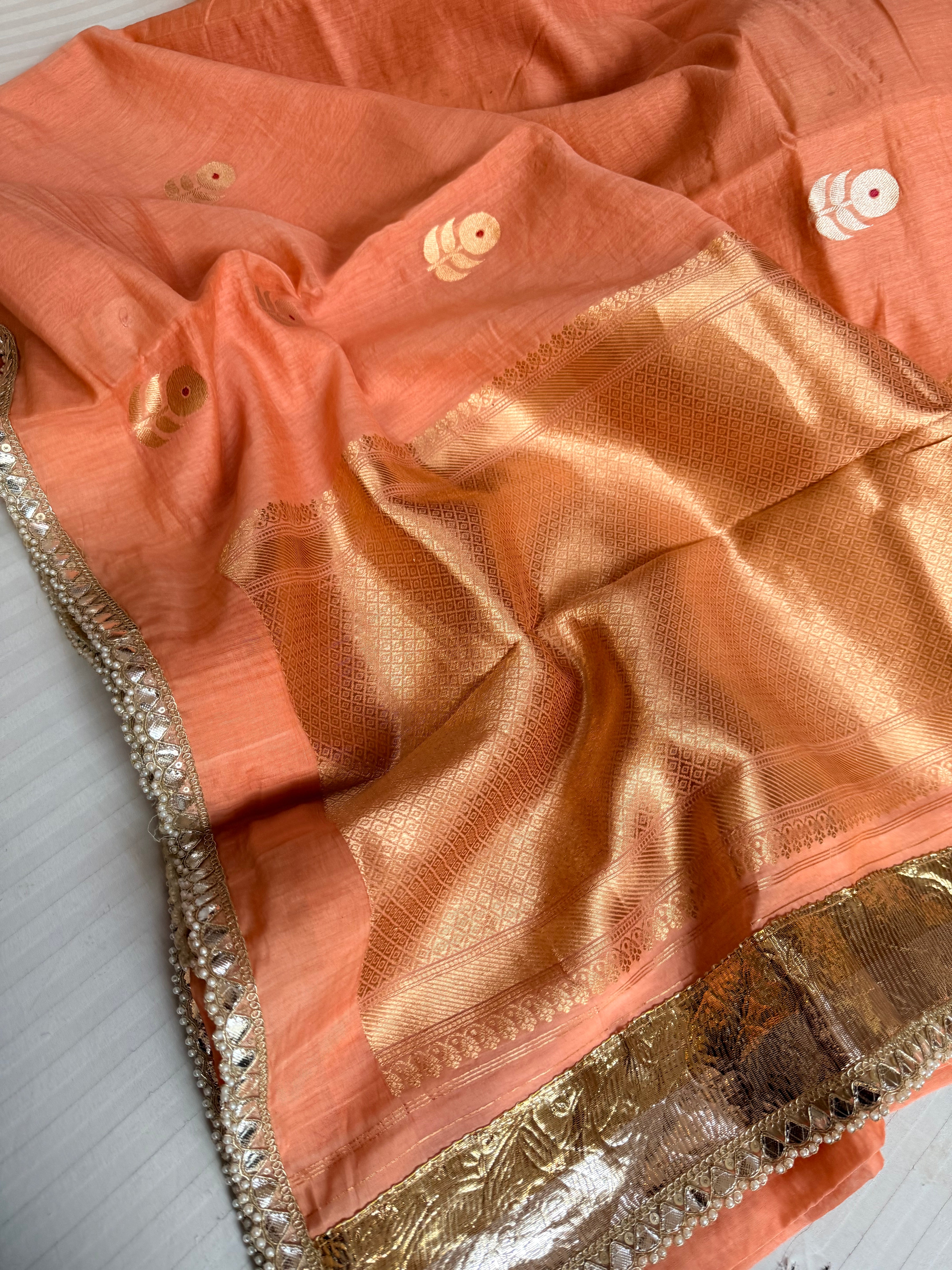 Handloom mulmul cotton silk saree with lampi gota border