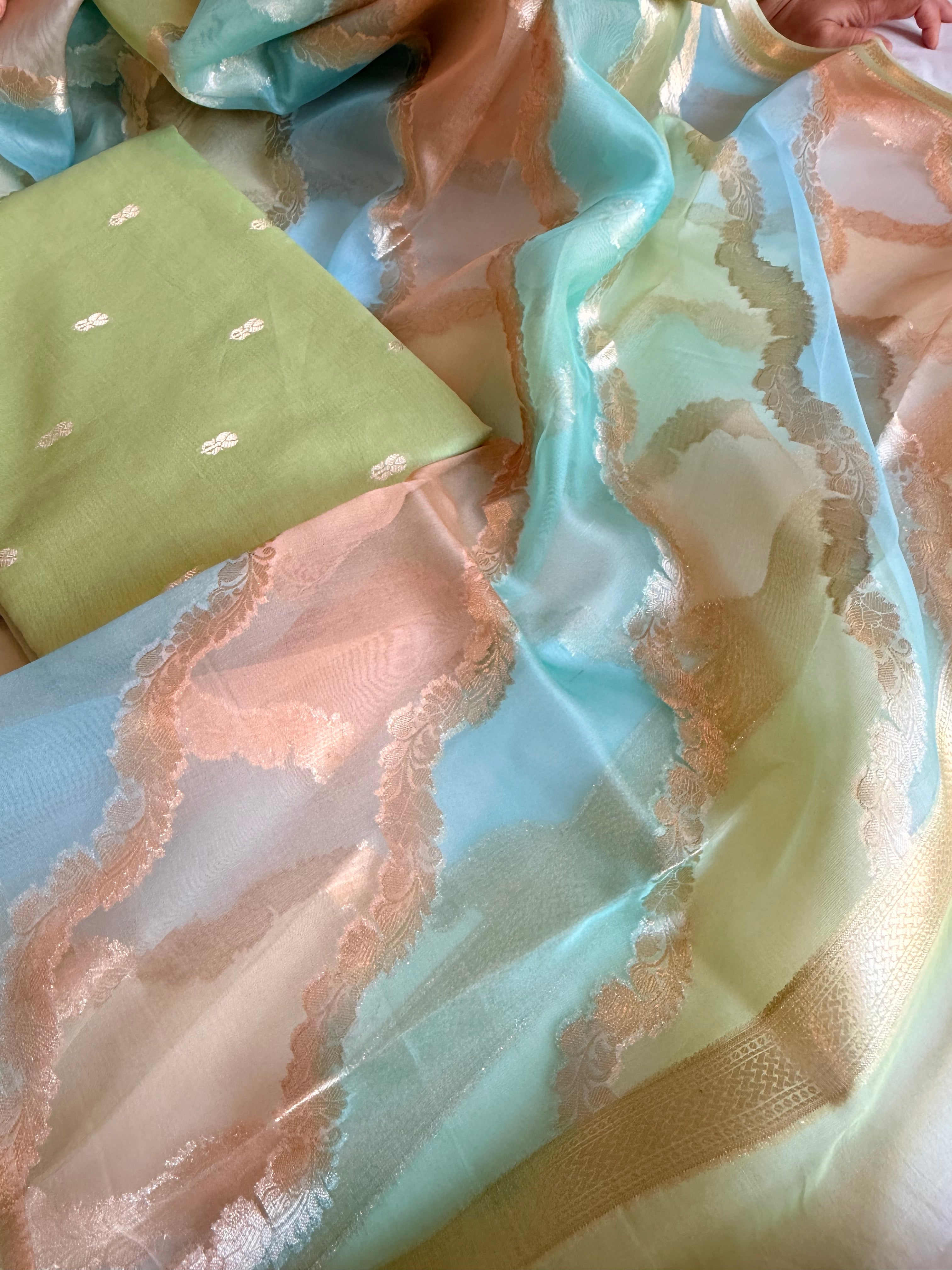 Banarasi chiniya silk kurta paired with candy colours rangkaat kora silk duppata