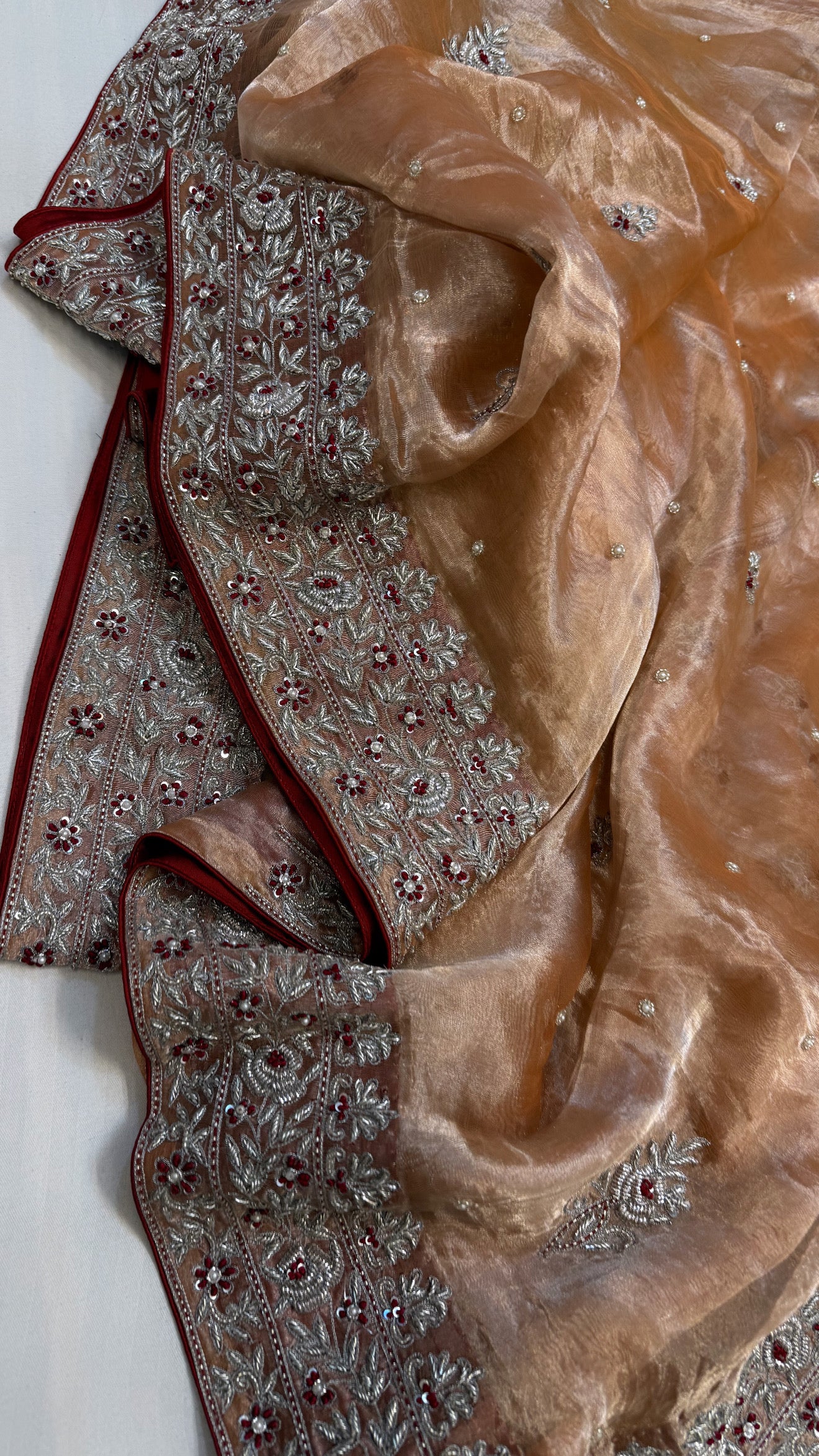 Gulab ki pankhuri husn tissue silk heavy zardozi hand embroidered border saree