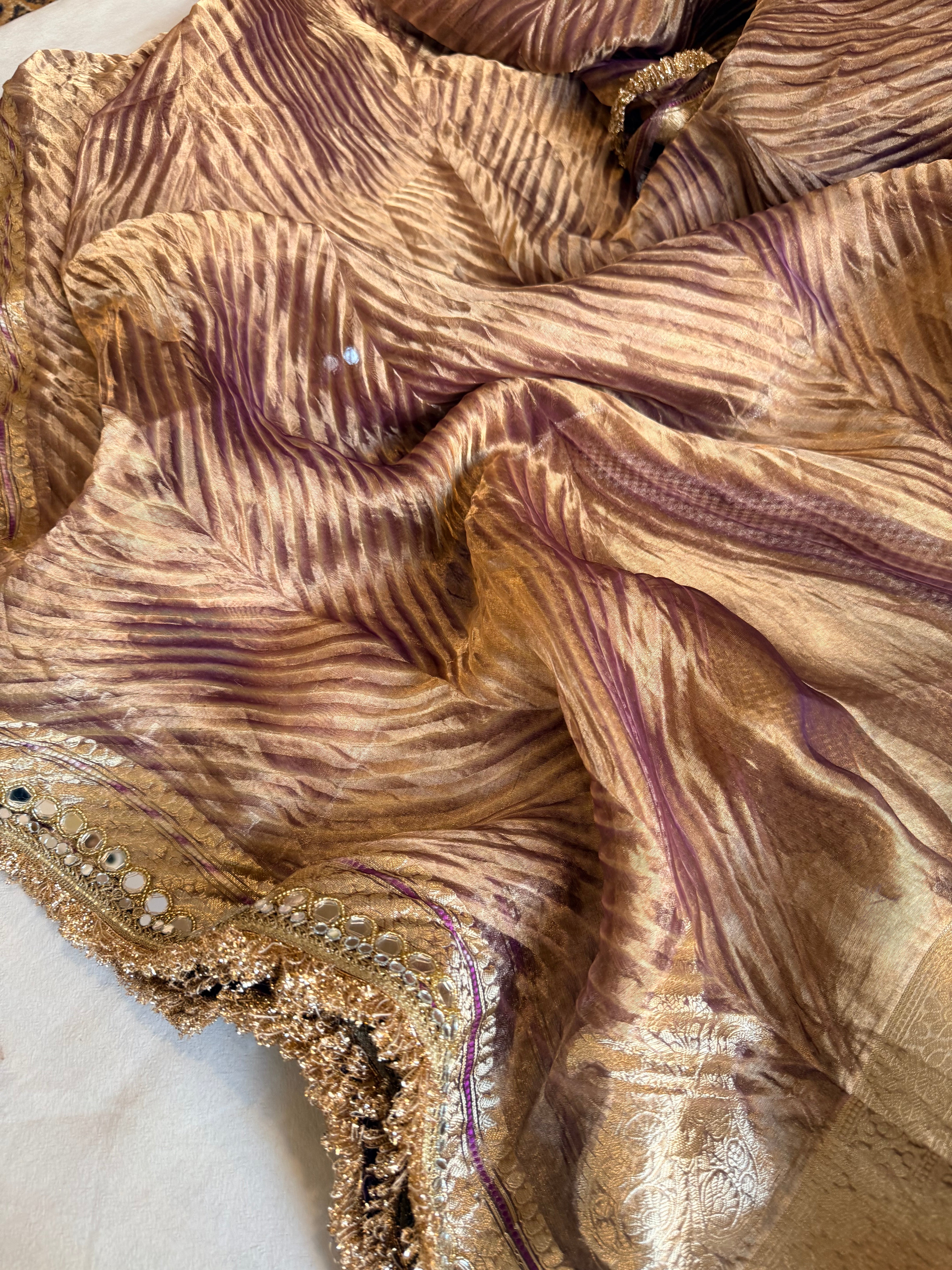 Lilac tissue silk arshi dyed mirrorwork hand embroidered kadhwa saree
