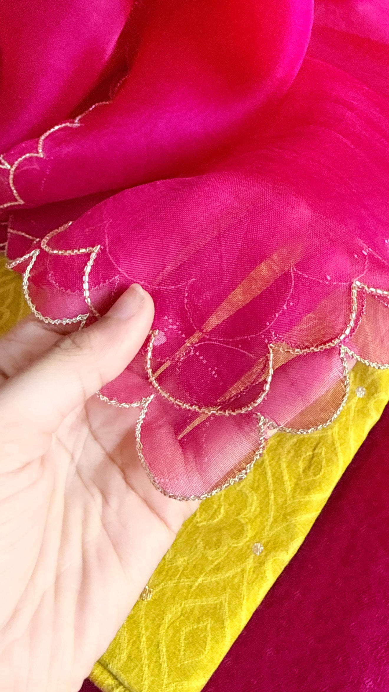 Summer suits under 8k - Mul cotton yellow kurta paired with rani scalloped kora silk duppata
