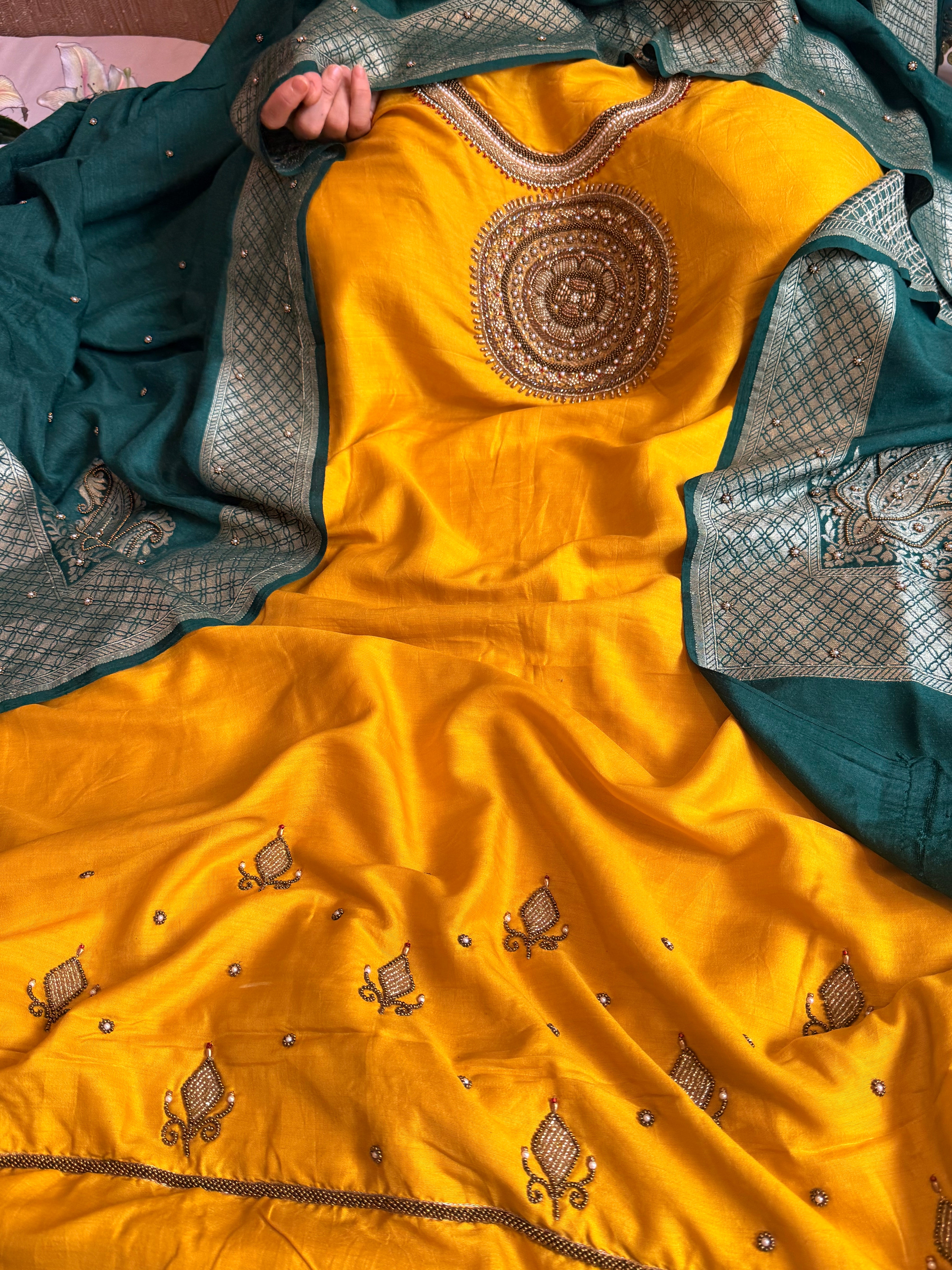 Haldi yellow - Bottle green spun chiniya silk hand embroidered mandala work suit set