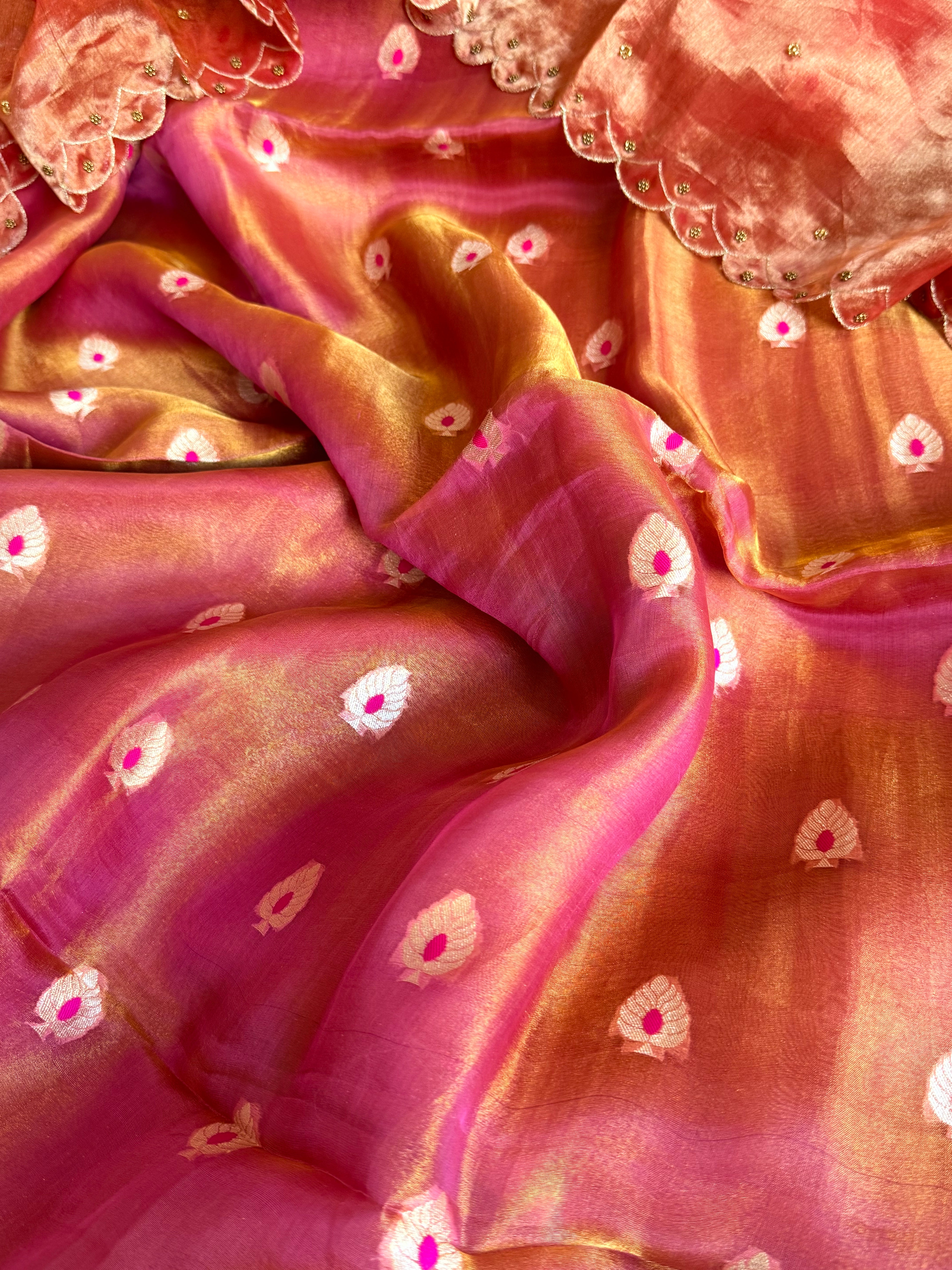Rust pink tissue silk meenakari hand embroidered suit set