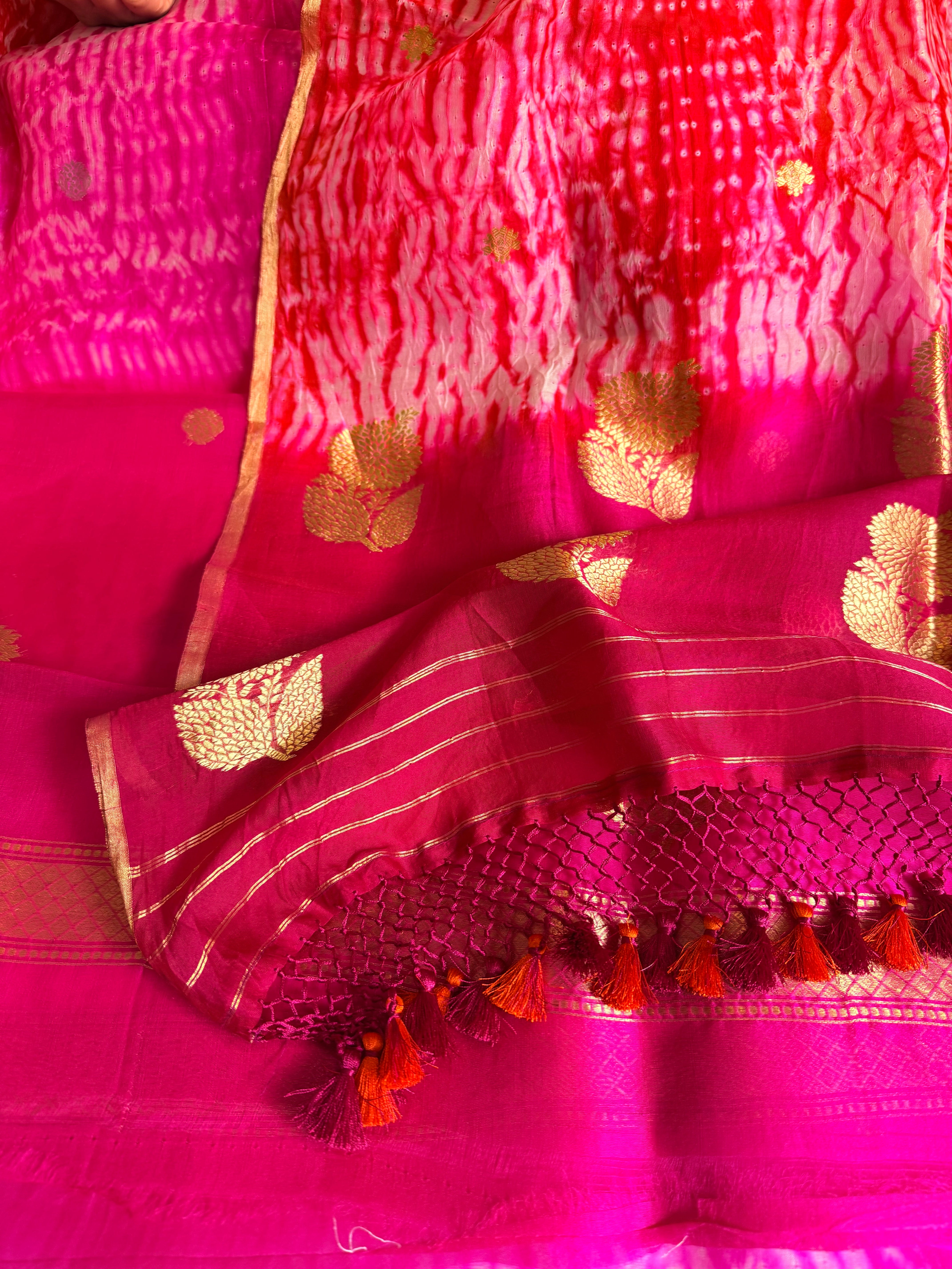 Banarasi kora silk shibori dyed kadhwa buti meenakari suit set