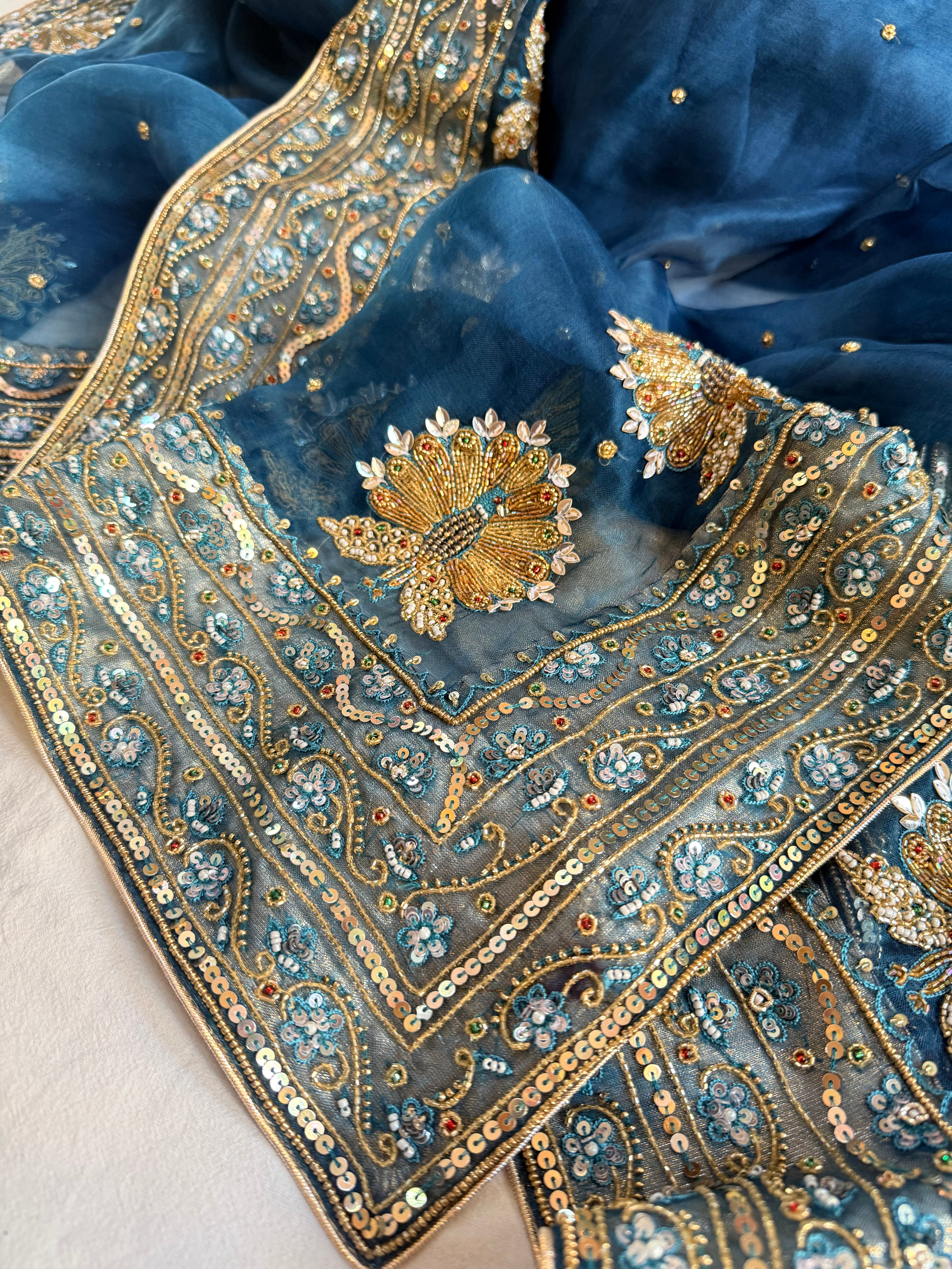 Morpankh edit - Peacock blue kora silk zardozi hand embroidered mor motif saree