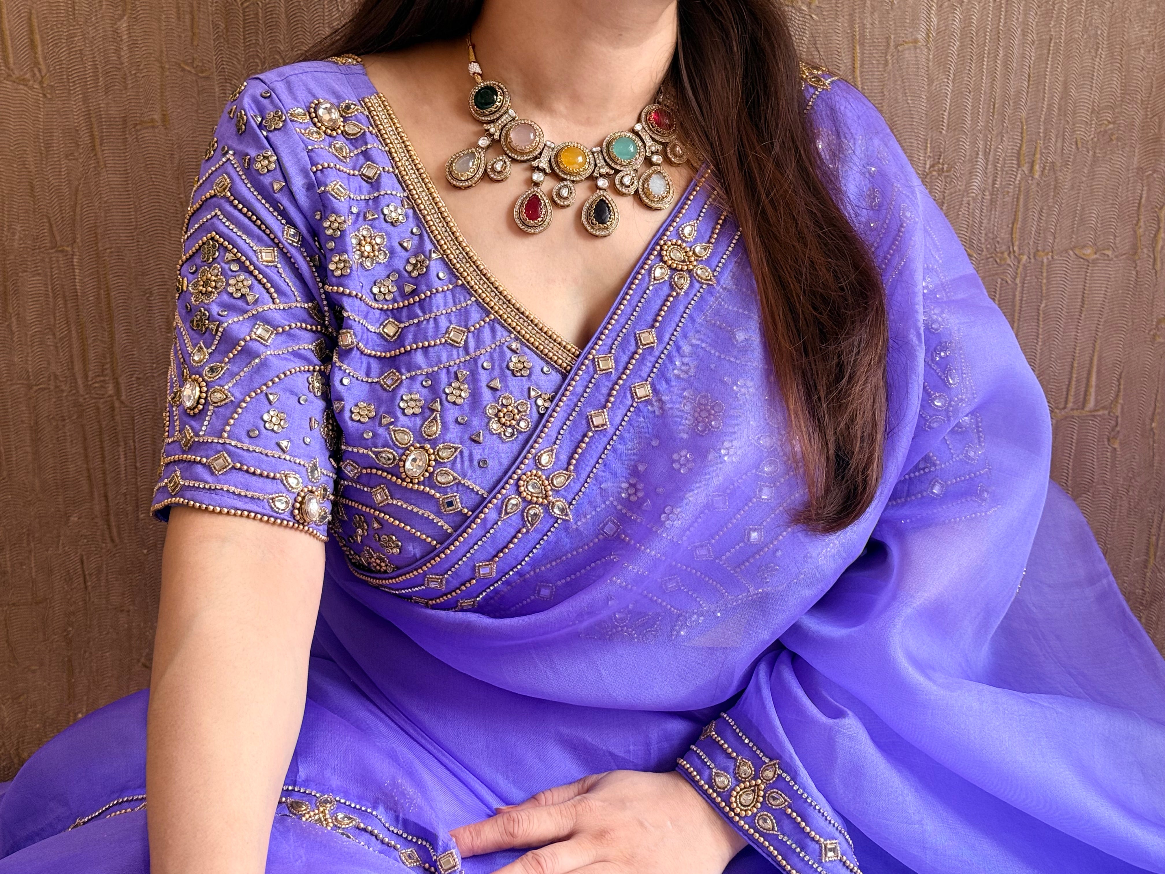 Banarasi violet kora silk polki hand embroidered kadhwa saree