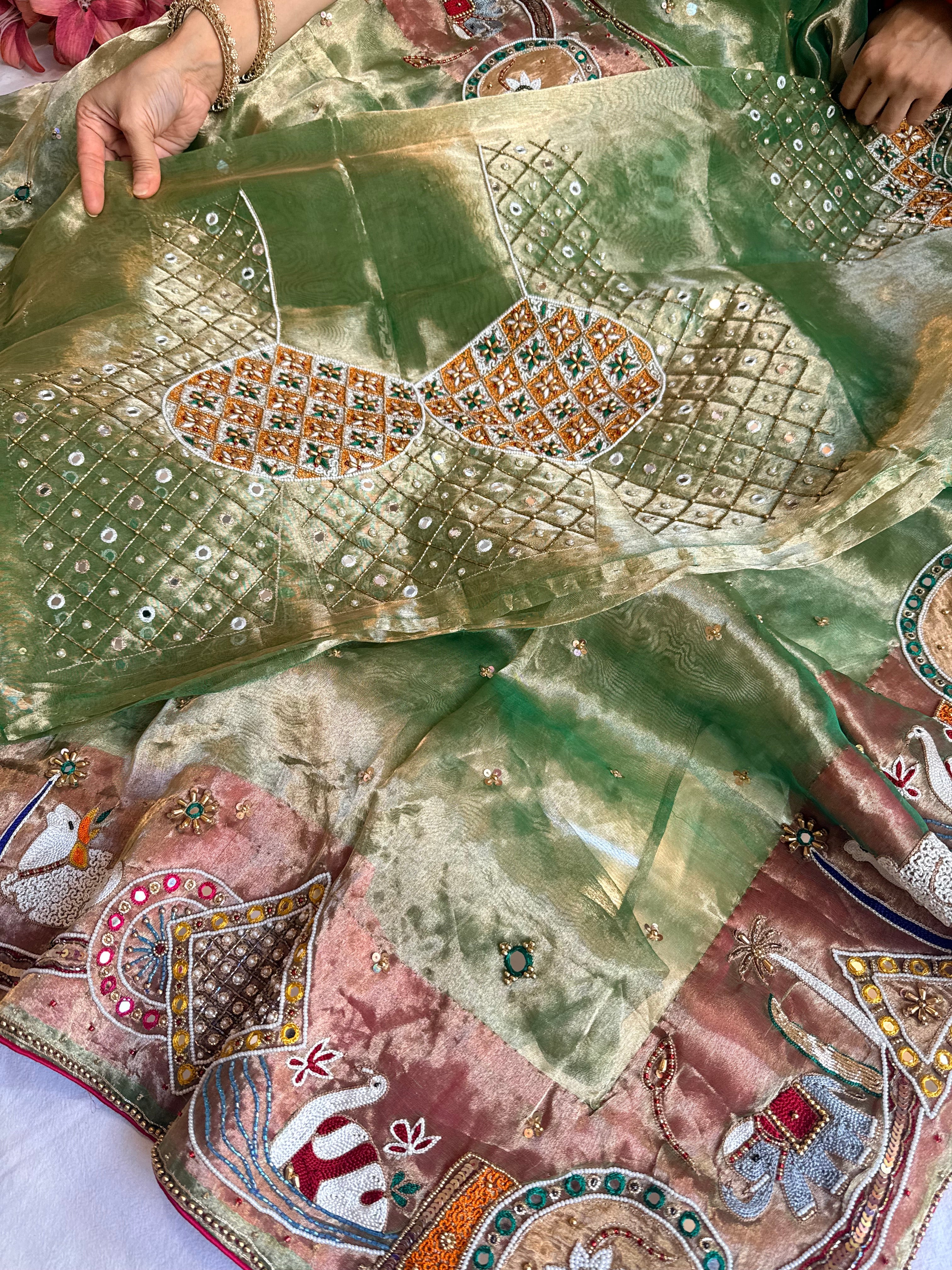 Godbharai wali saree - Emerald green diamond tissue silk hand embroidered saree