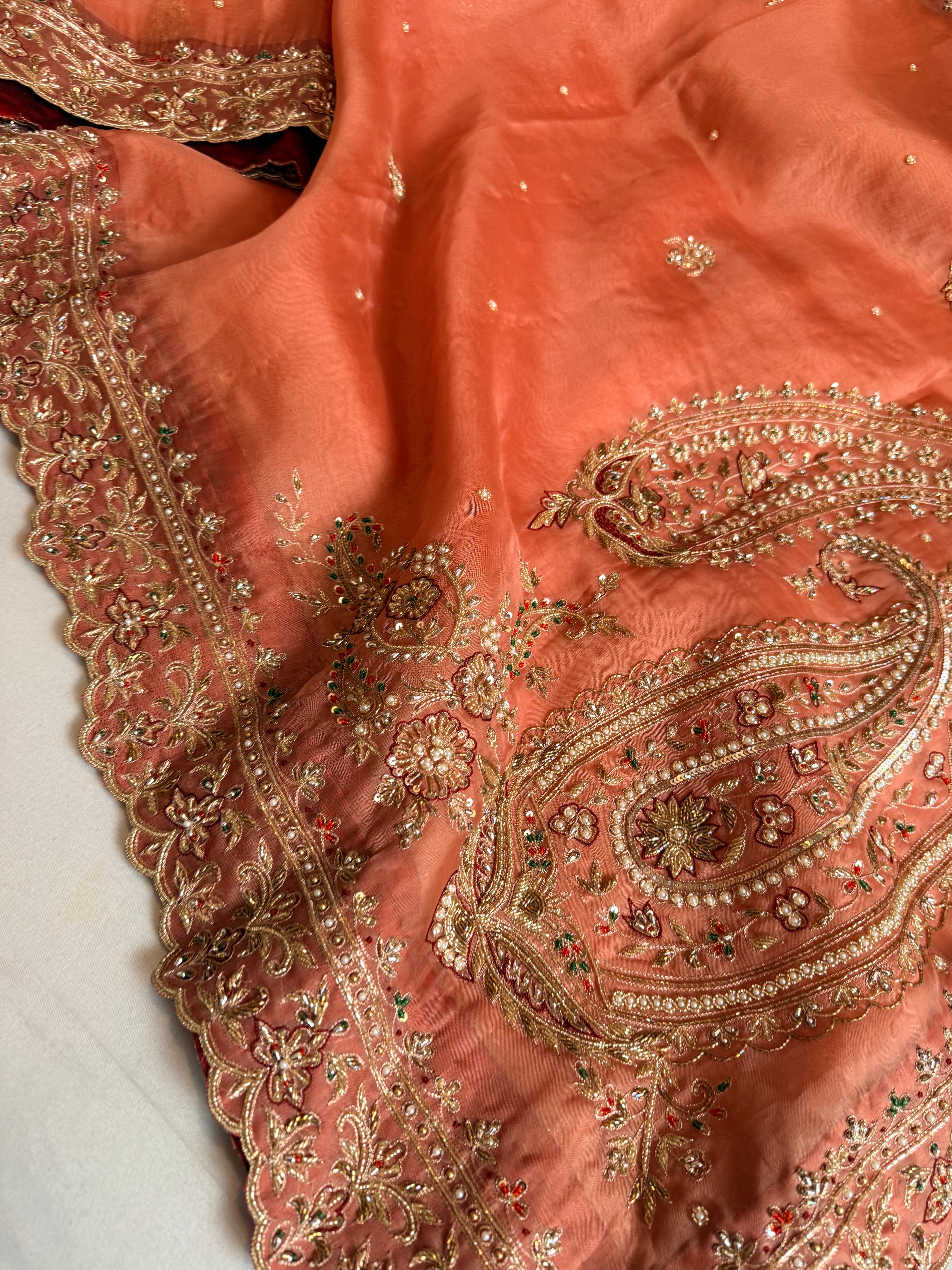 Dulhan wali saree edit gajri red kora silk hand embroidered saree
