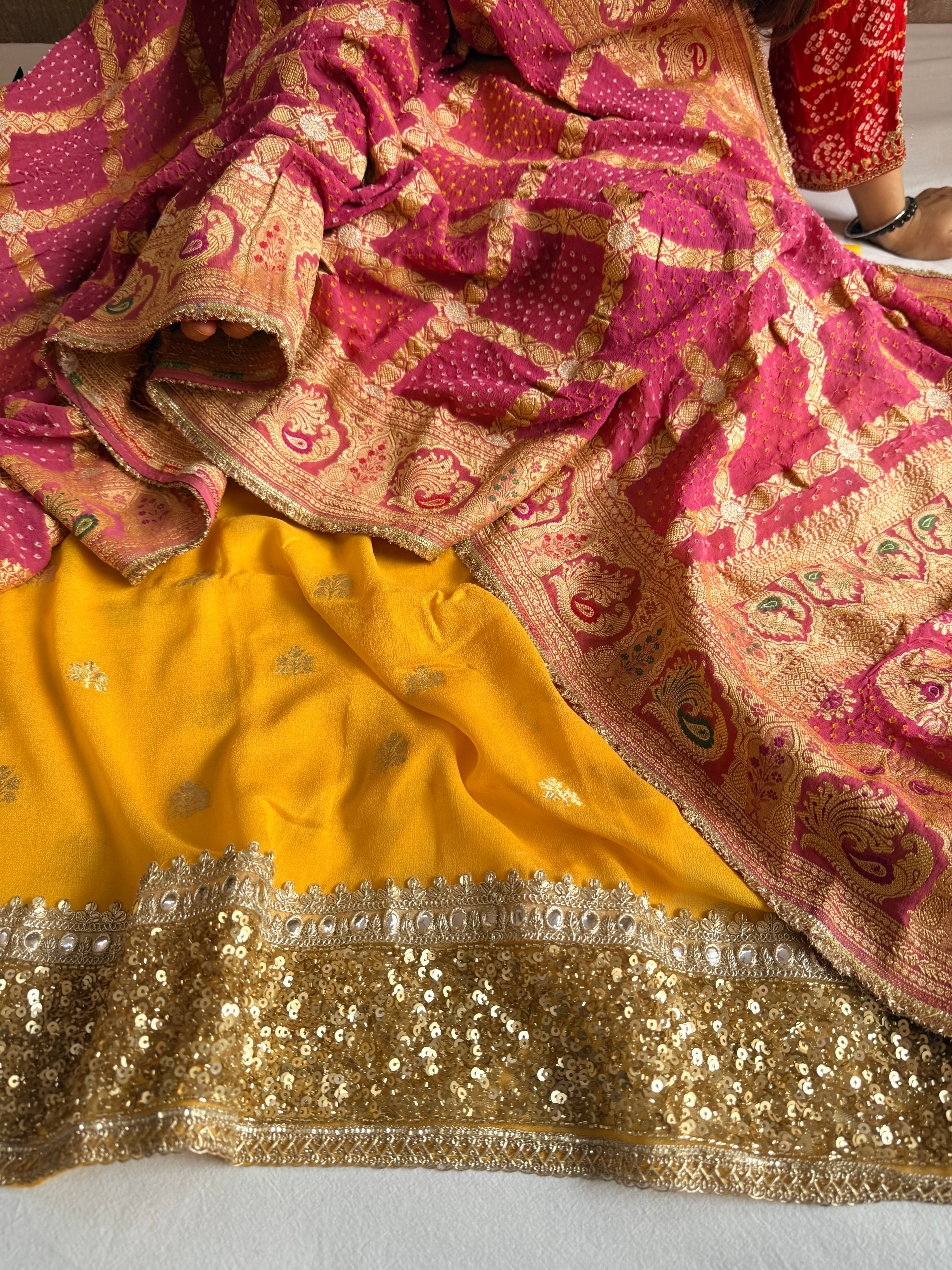 Rai bandhej chiffon gorgette sequin work hand embroidered suit set