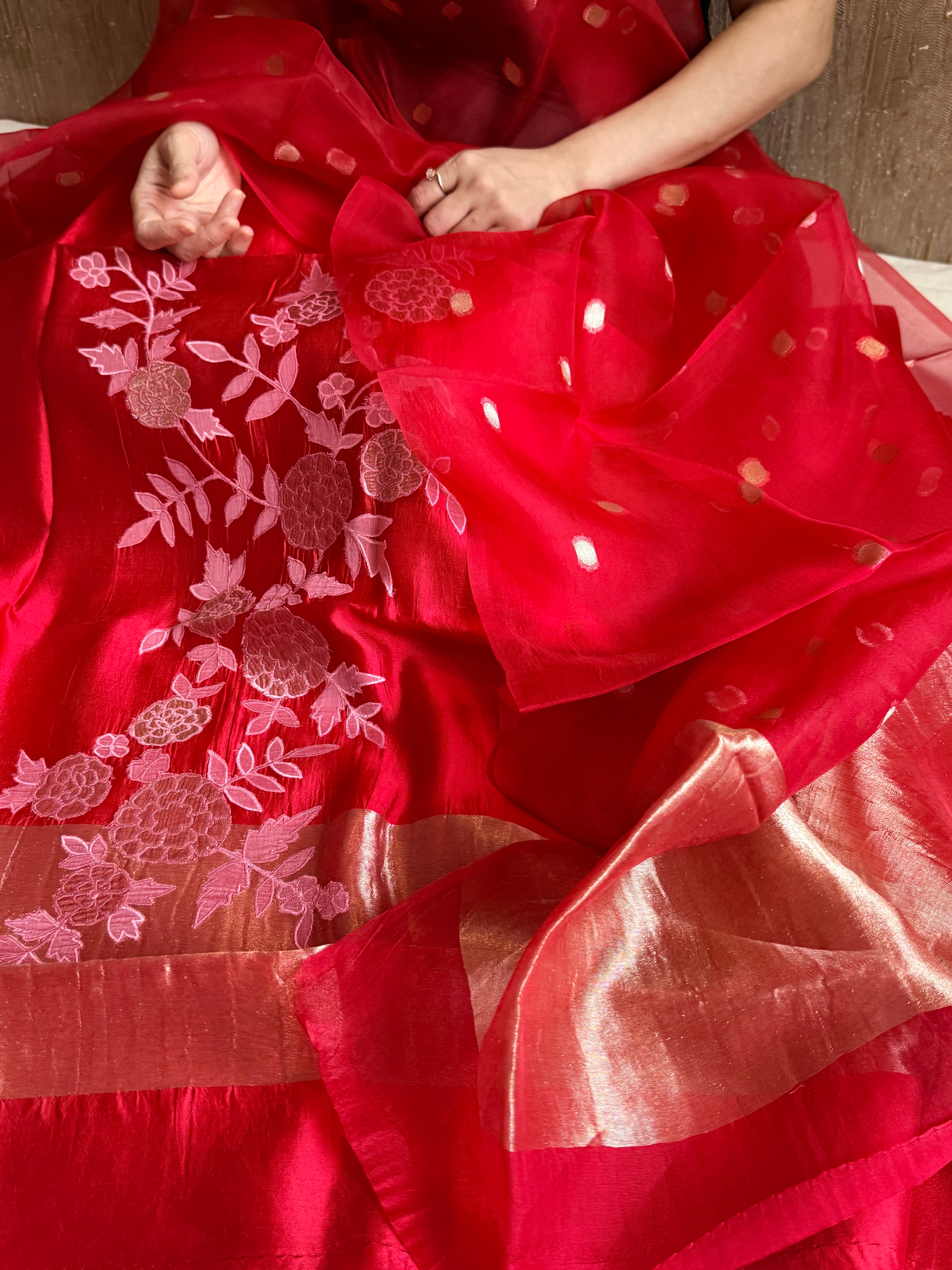 Mango tissue silk appliqué work suit set with kora tissue duppata
