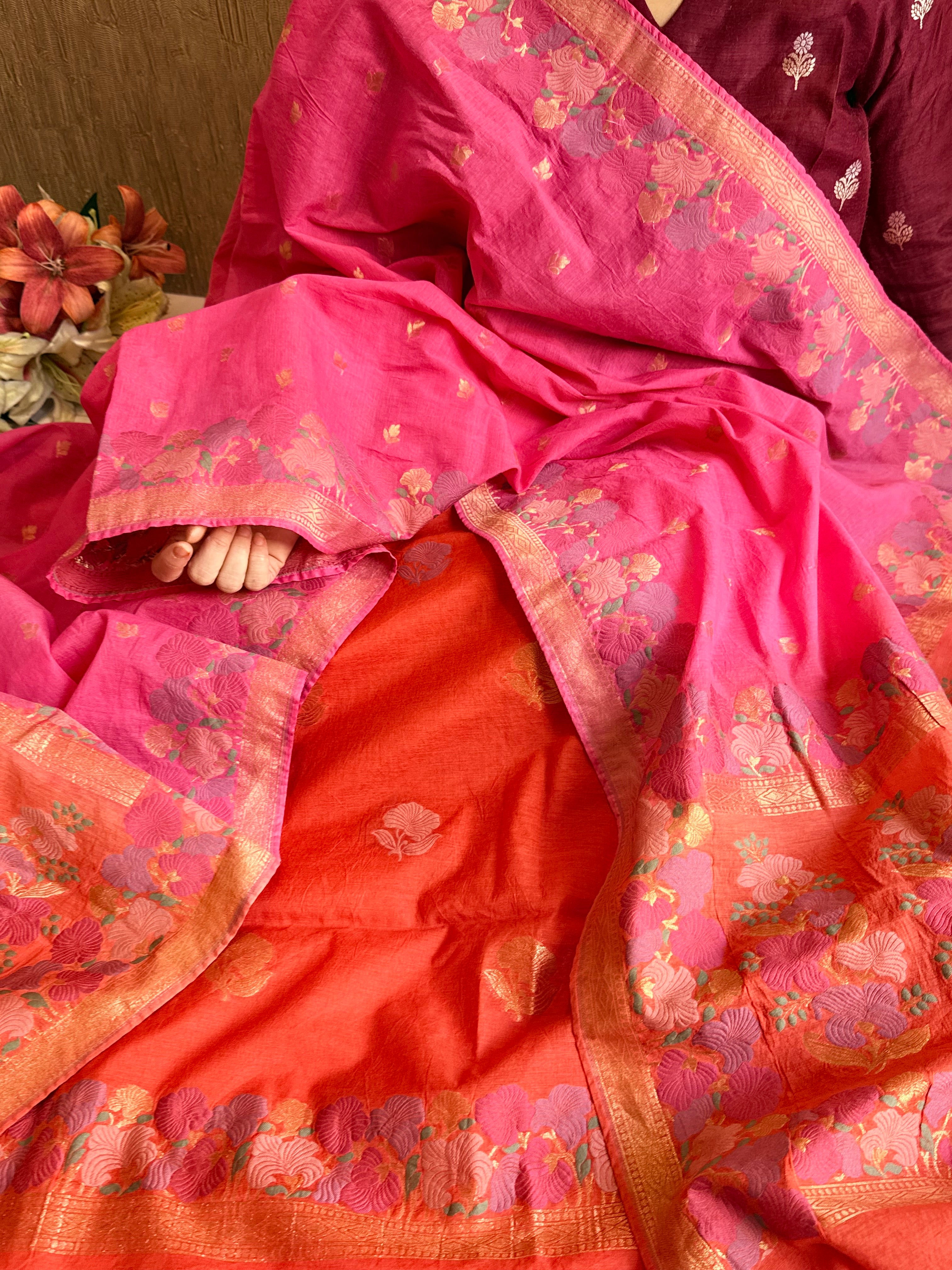 Mul cotton banarasi kadhwa buti hot pink - orange suit set