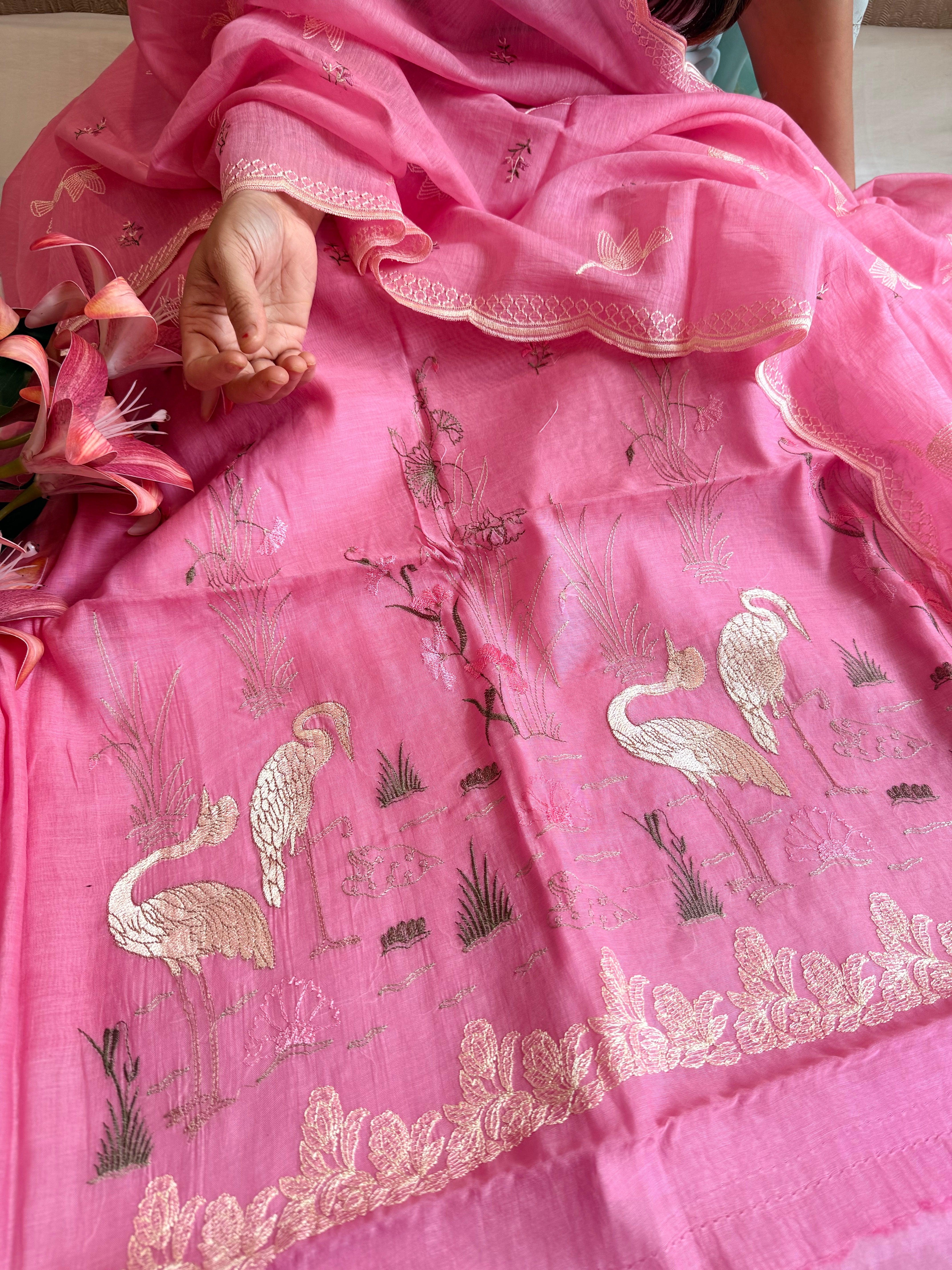Candy pink mul cotton flamingo resham hand embroidered suit set