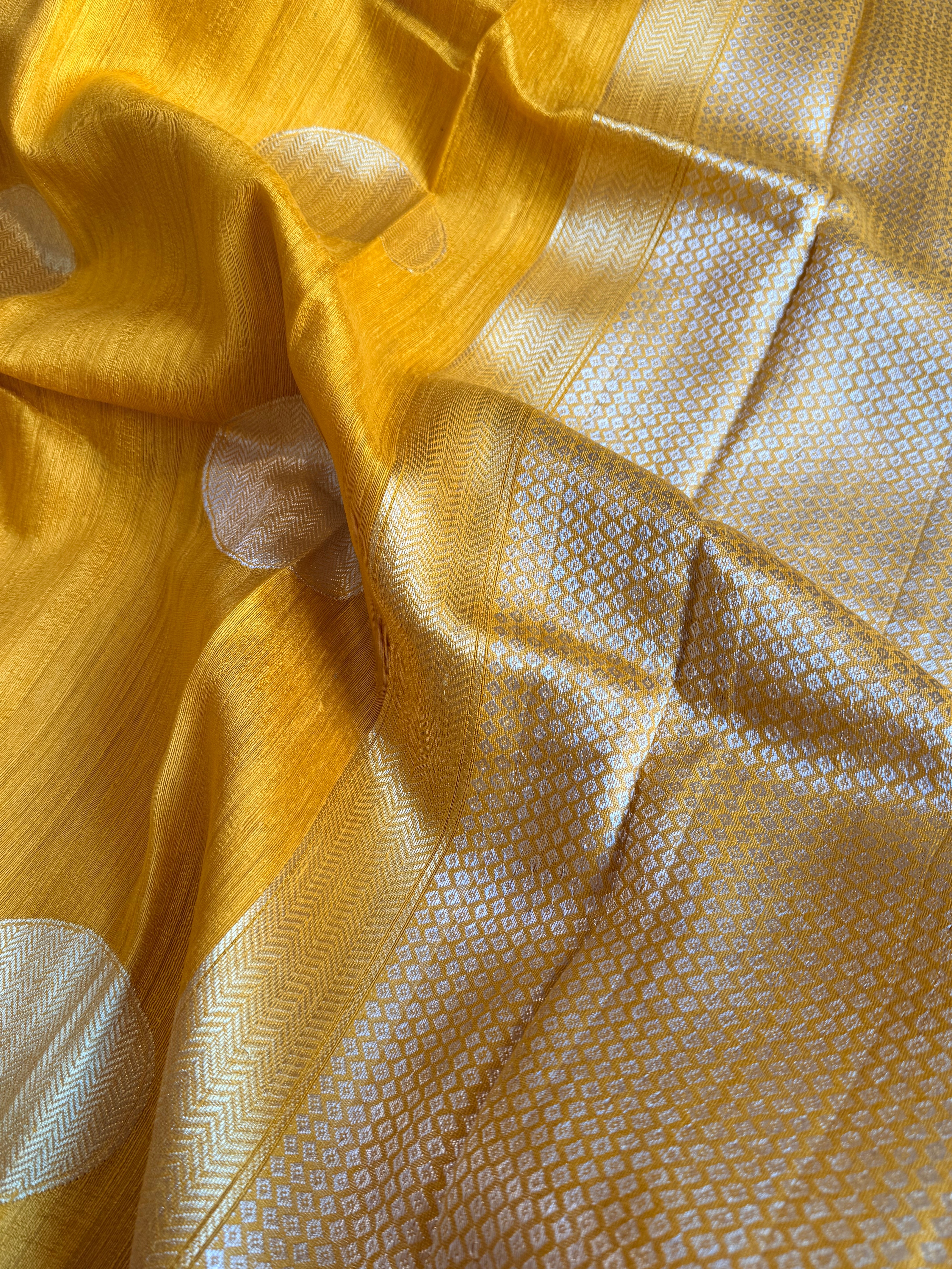 Haldi yellow  tussar gorgette kadhwa weaving saree