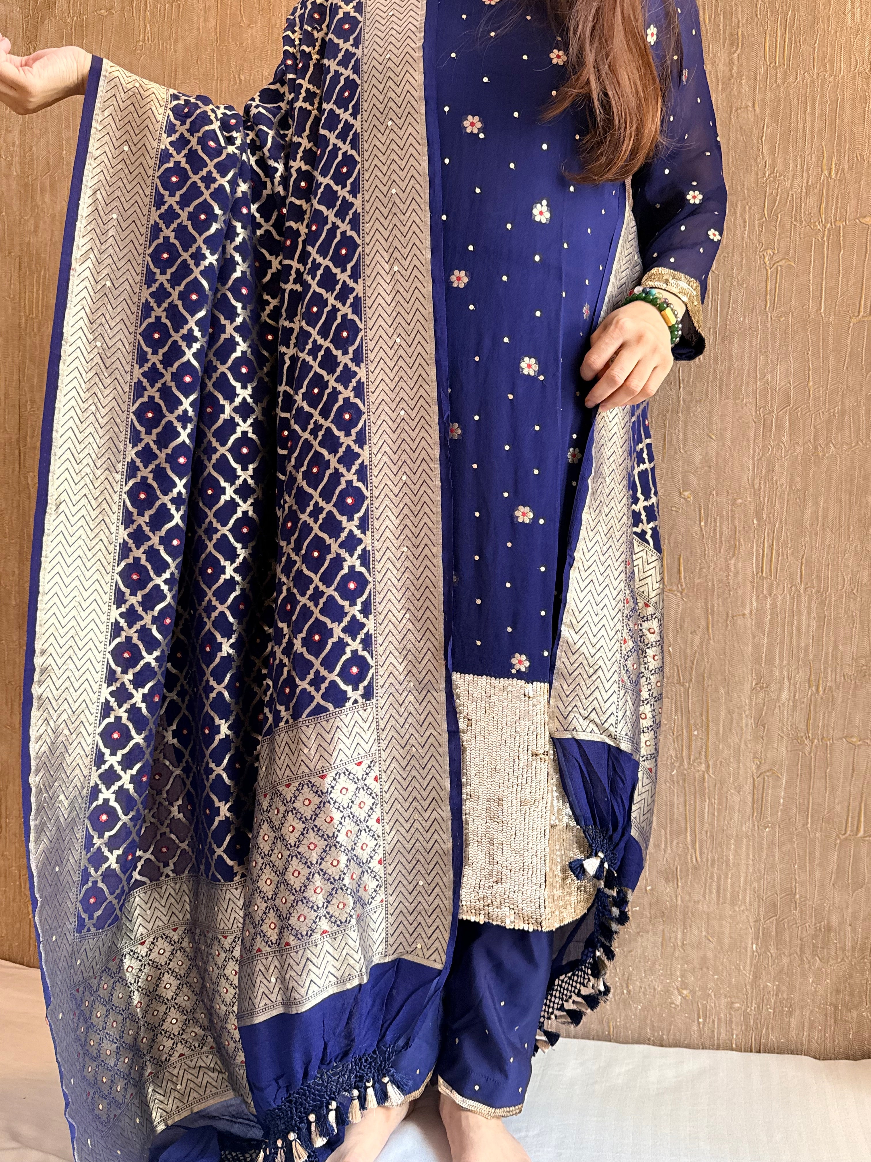Navy blue salma sitara chiffon gorgette hand embroidered suit set ( STITCHED SIZE - M to L)