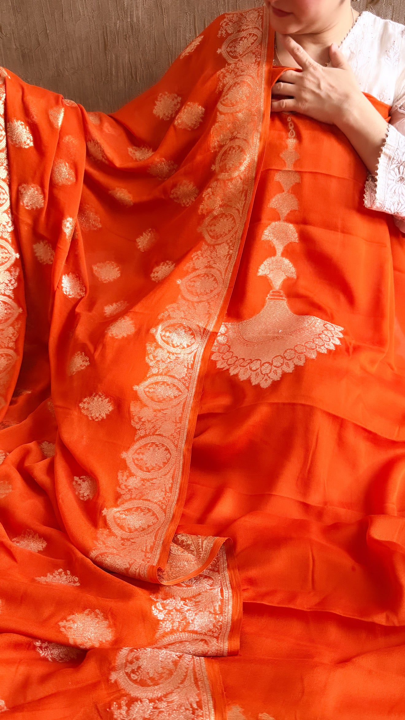 Neck & Pocket weaving - Chiffon gorgette fanta orange kadhwa weaving suit set