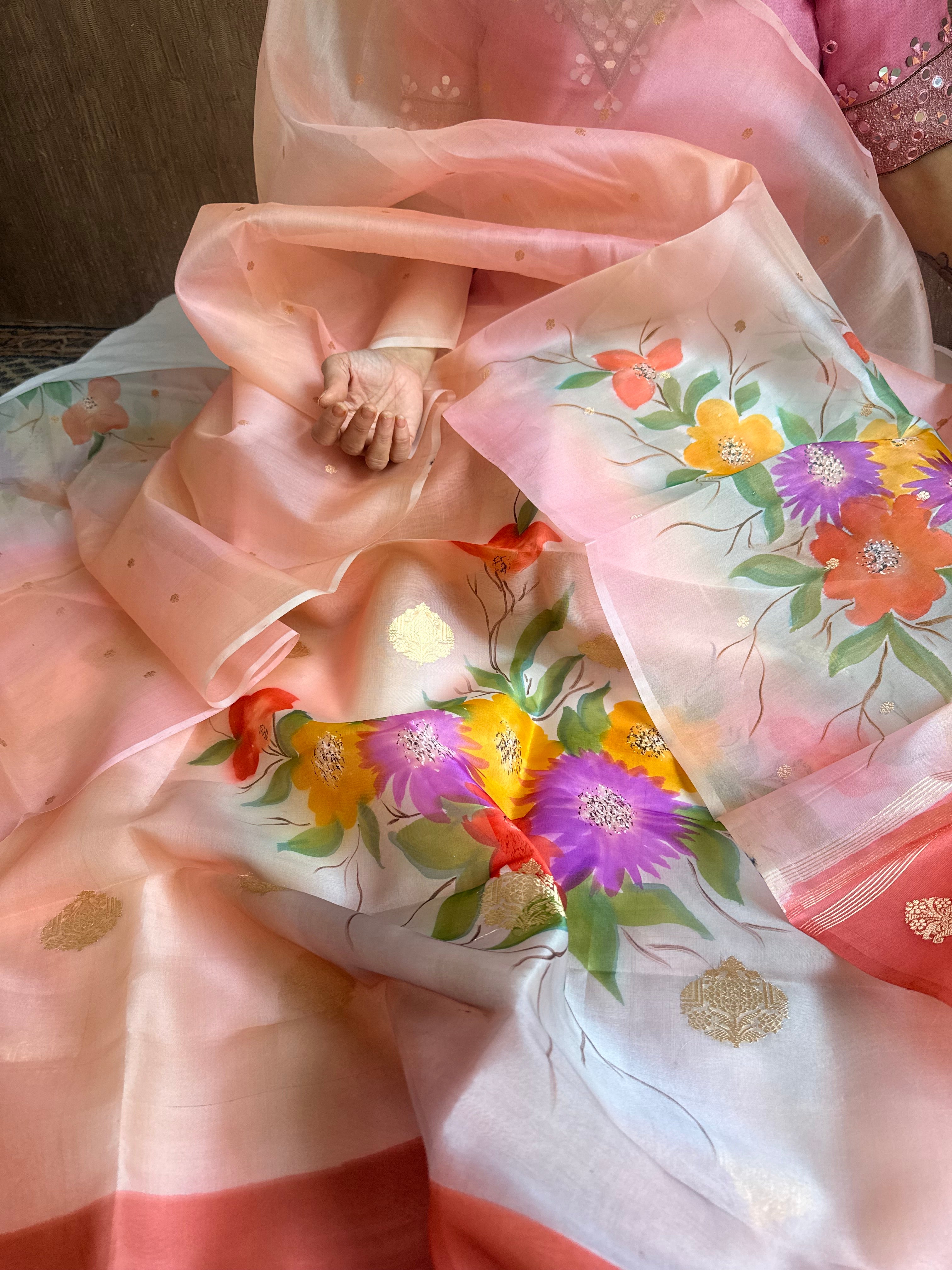Banarasi kora silk handpainted ghatwork kadhwa buti rainbow dye suits