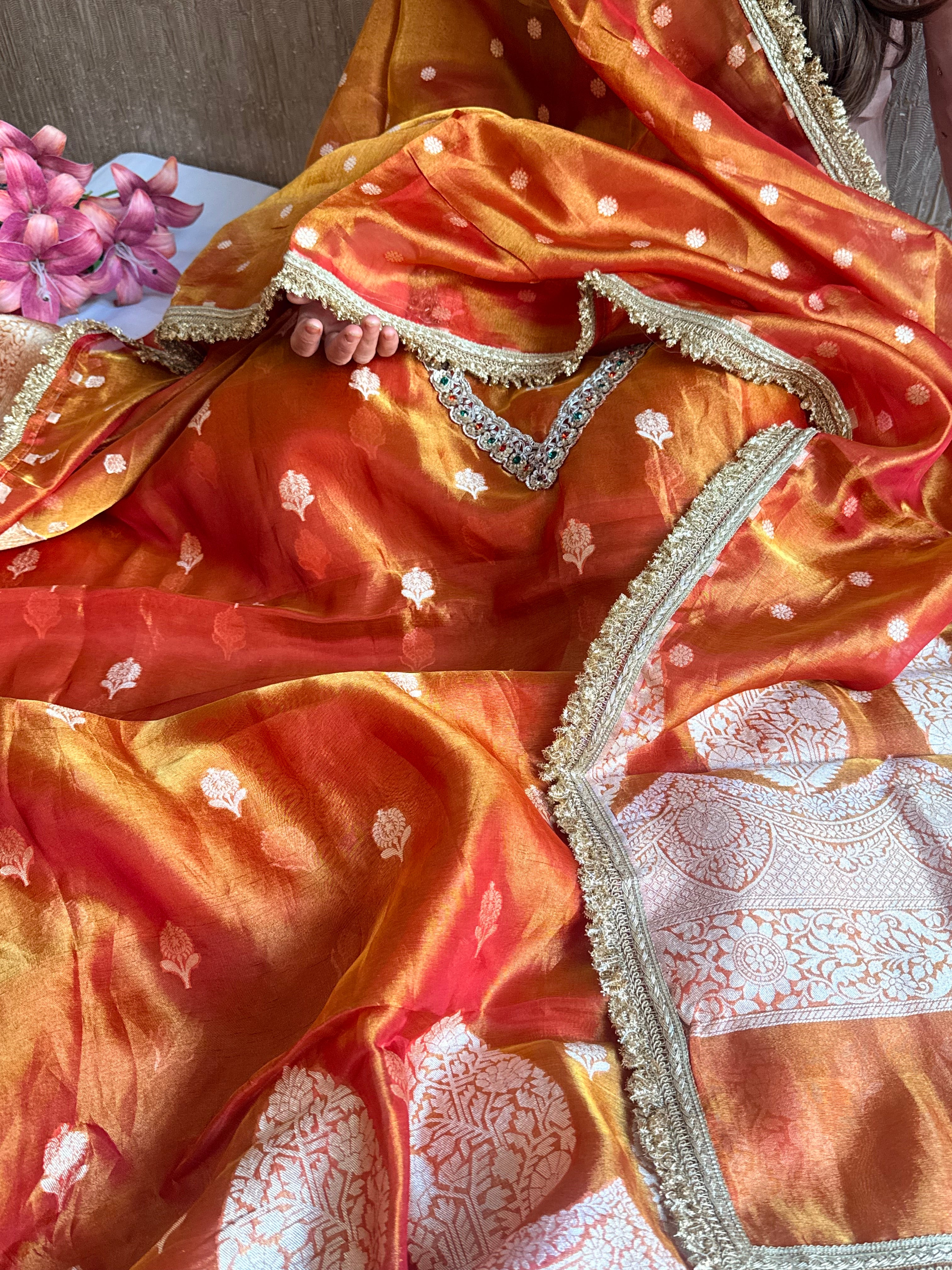 Navratna fanta orange tissue silk kadhwa buti hand embroidered suit sets