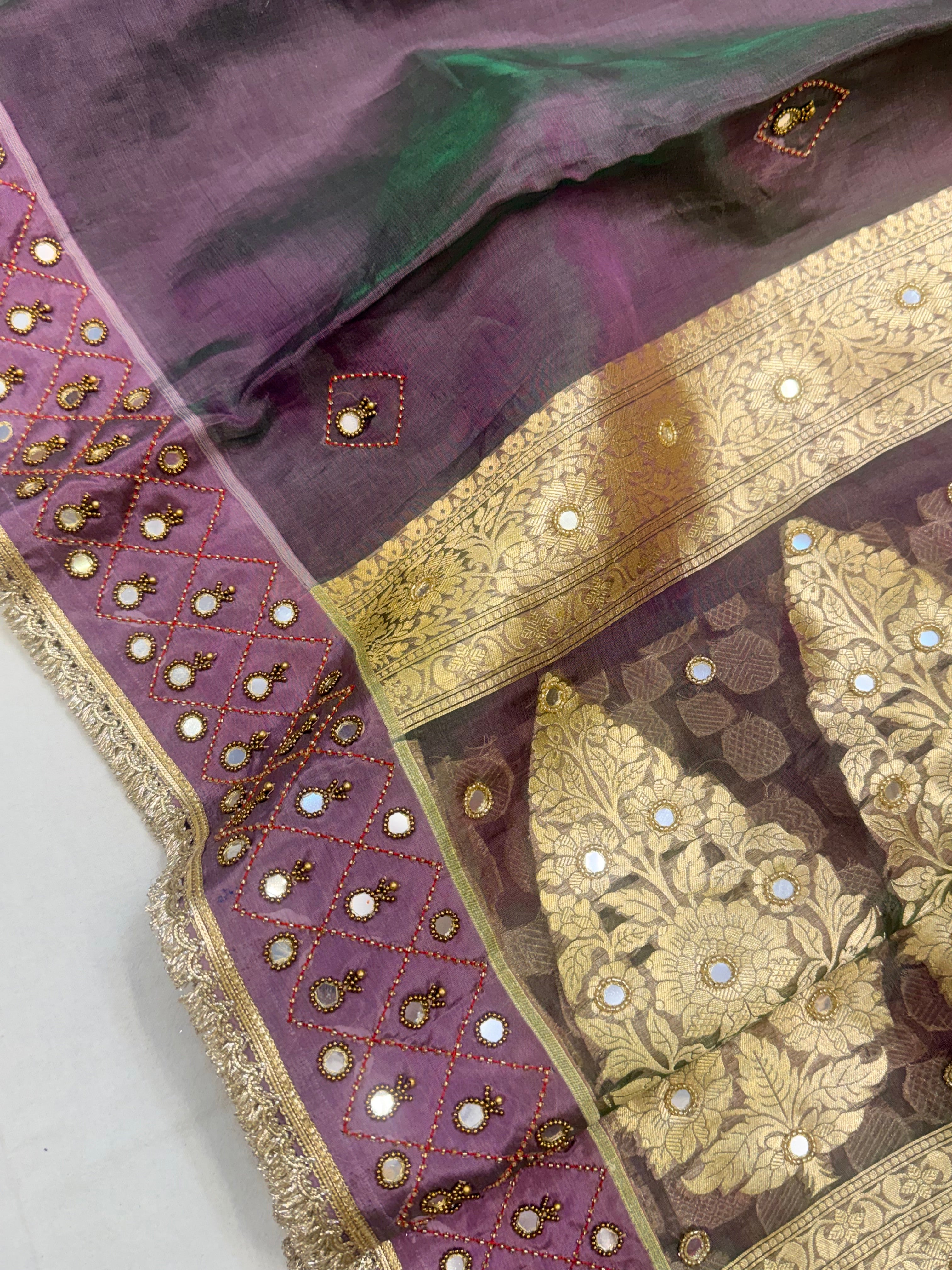Dusty purple tissue silk hand embroidered kadhwa saree
