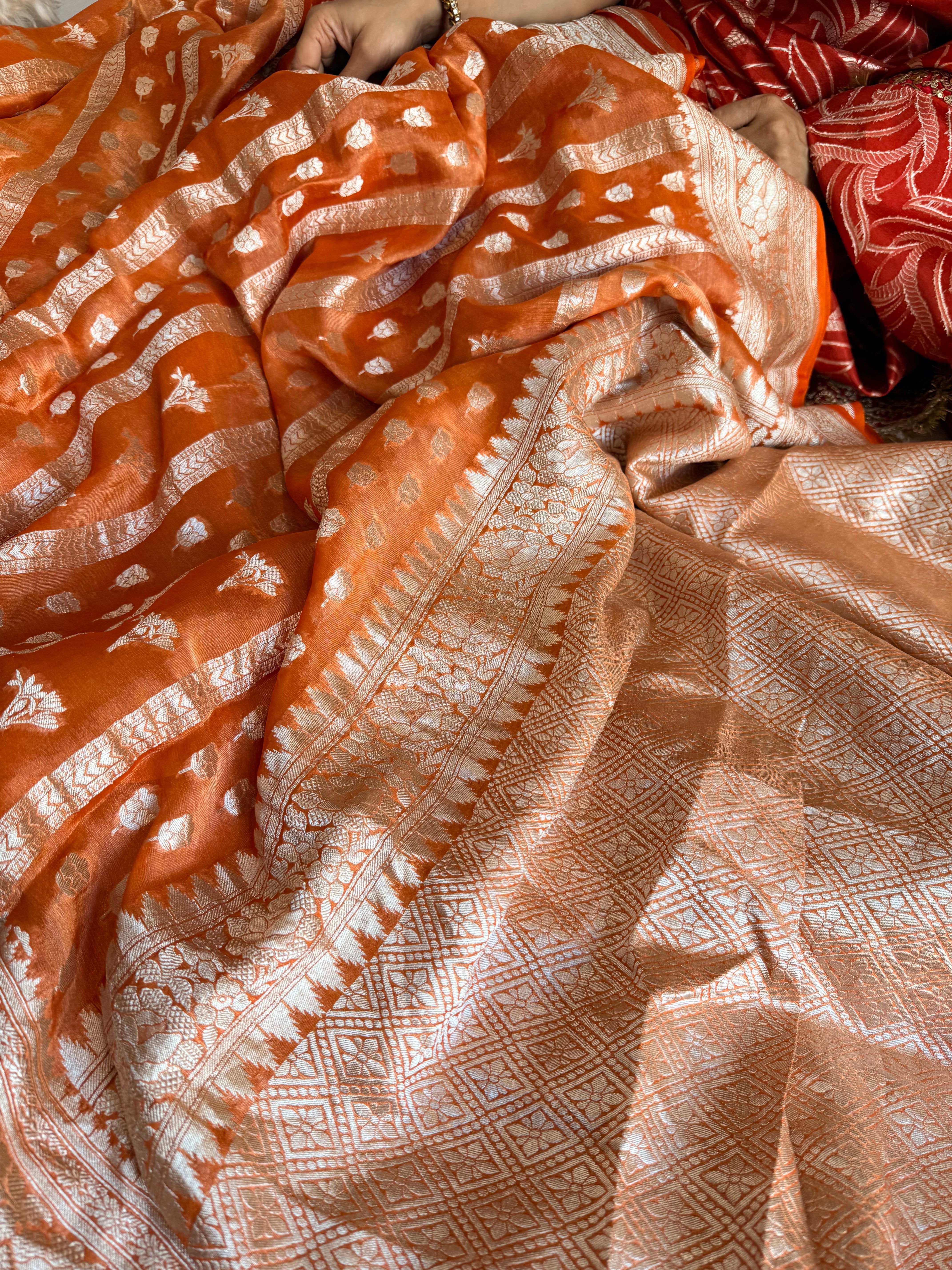 Chiffon peachy orange tissue gorgette kadhwa jaalwork soft silk saree